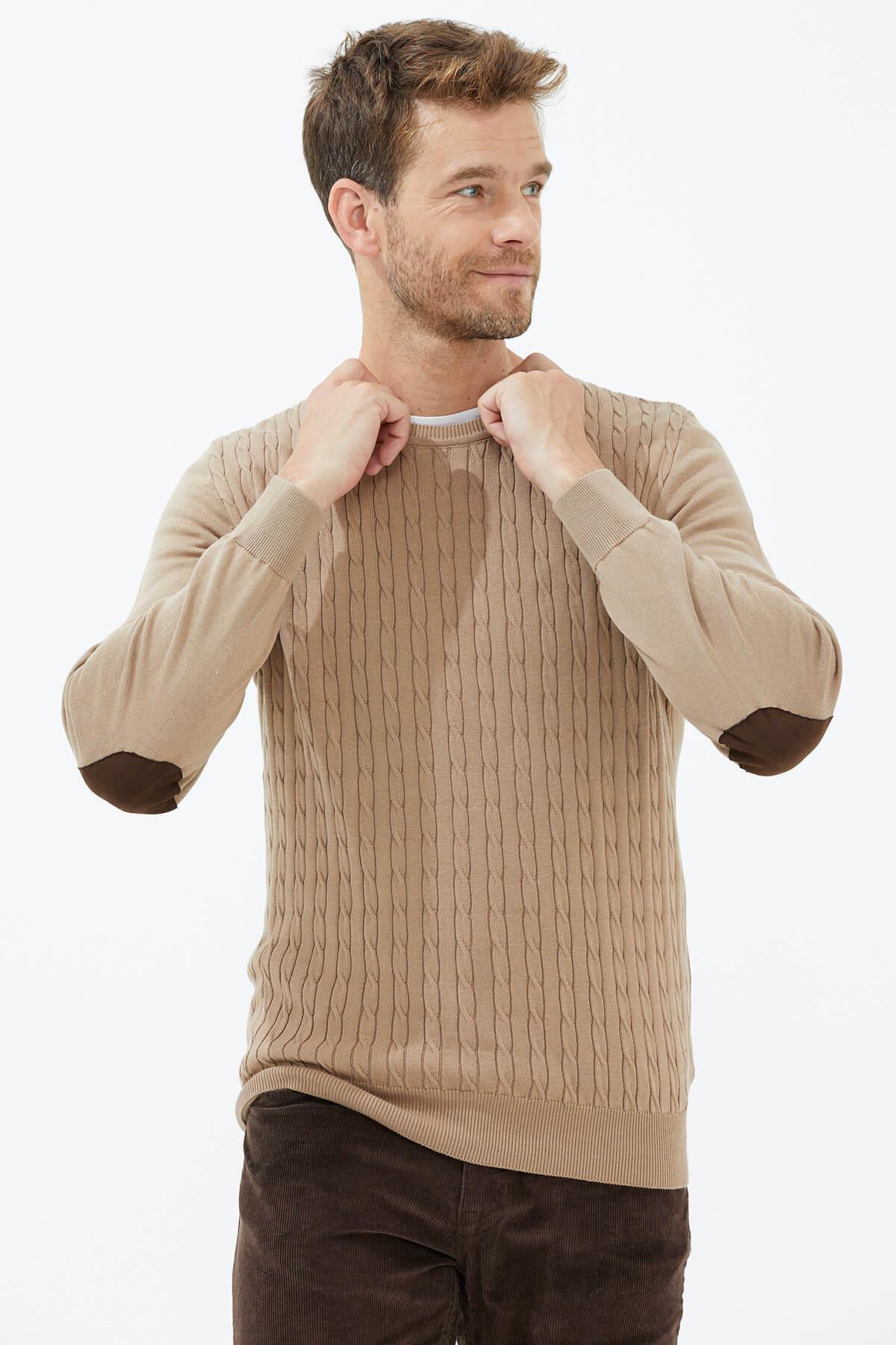 14265 Süet Garnili Saç Örgülü Erkek Triko Kazak