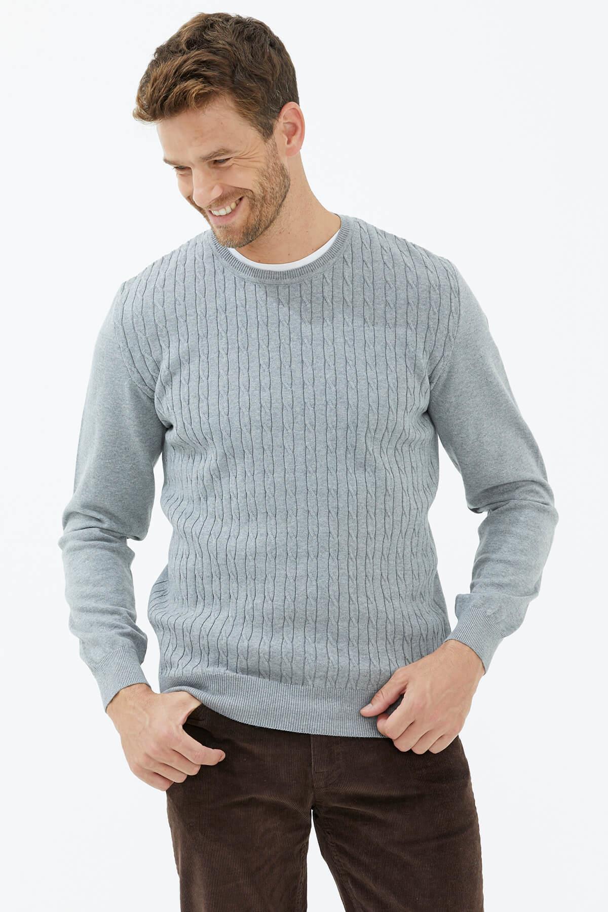 14265 Süet Garnili Saç Örgülü Erkek Triko Kazak