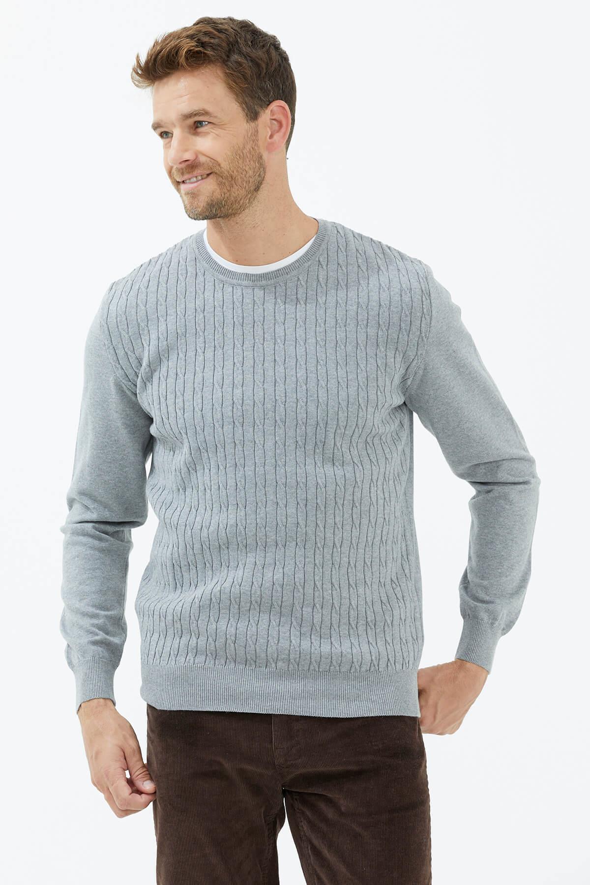 14265 Süet Garnili Saç Örgülü Erkek Triko Kazak