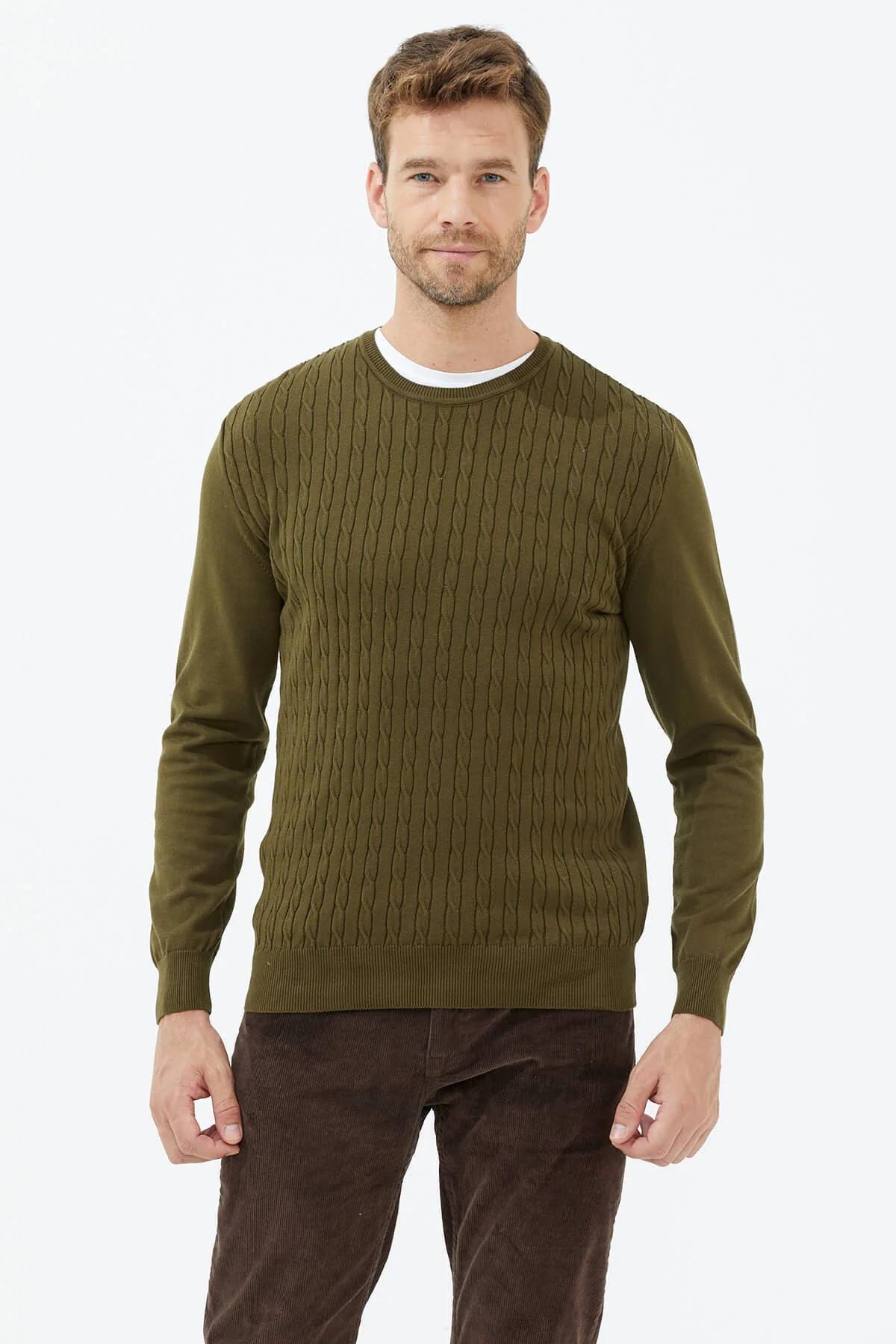 14265 Süet Garnili Saç Örgülü Erkek Triko Kazak