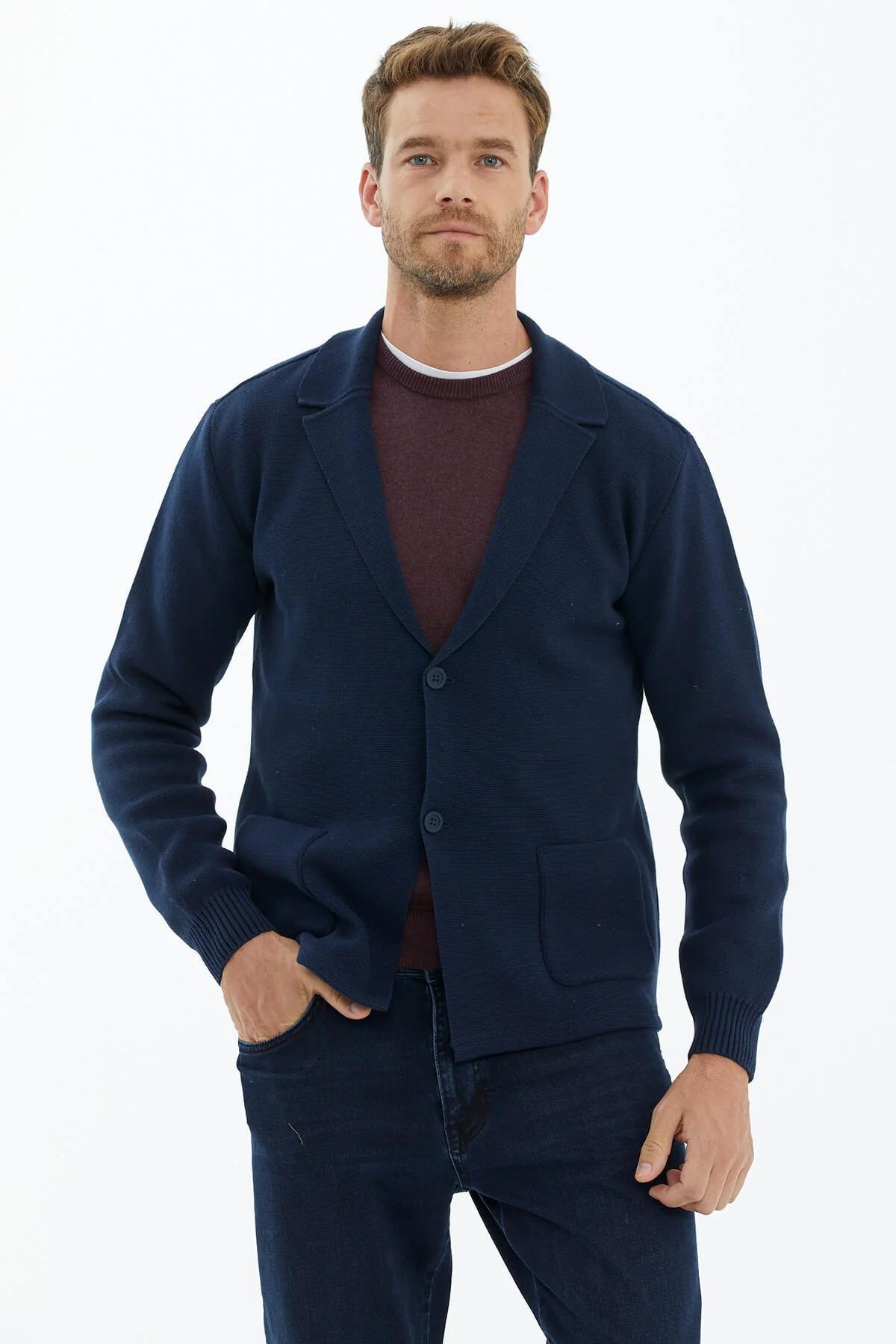 14268 Polo Yaka Düğmeli Erkek Triko Ceket