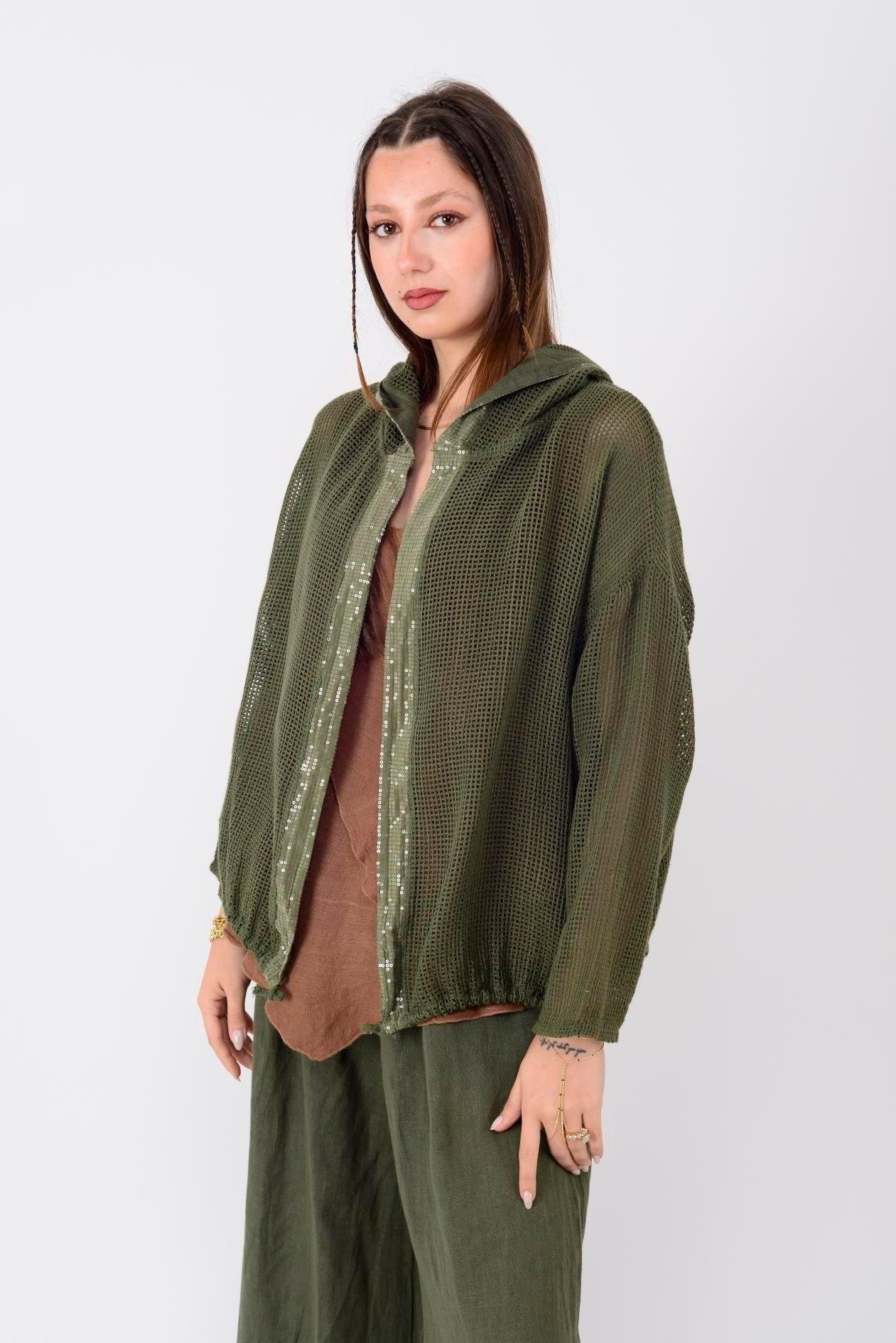 14316 Düz Desen Pullu Kapüşonlu Fileli Keten Ceket