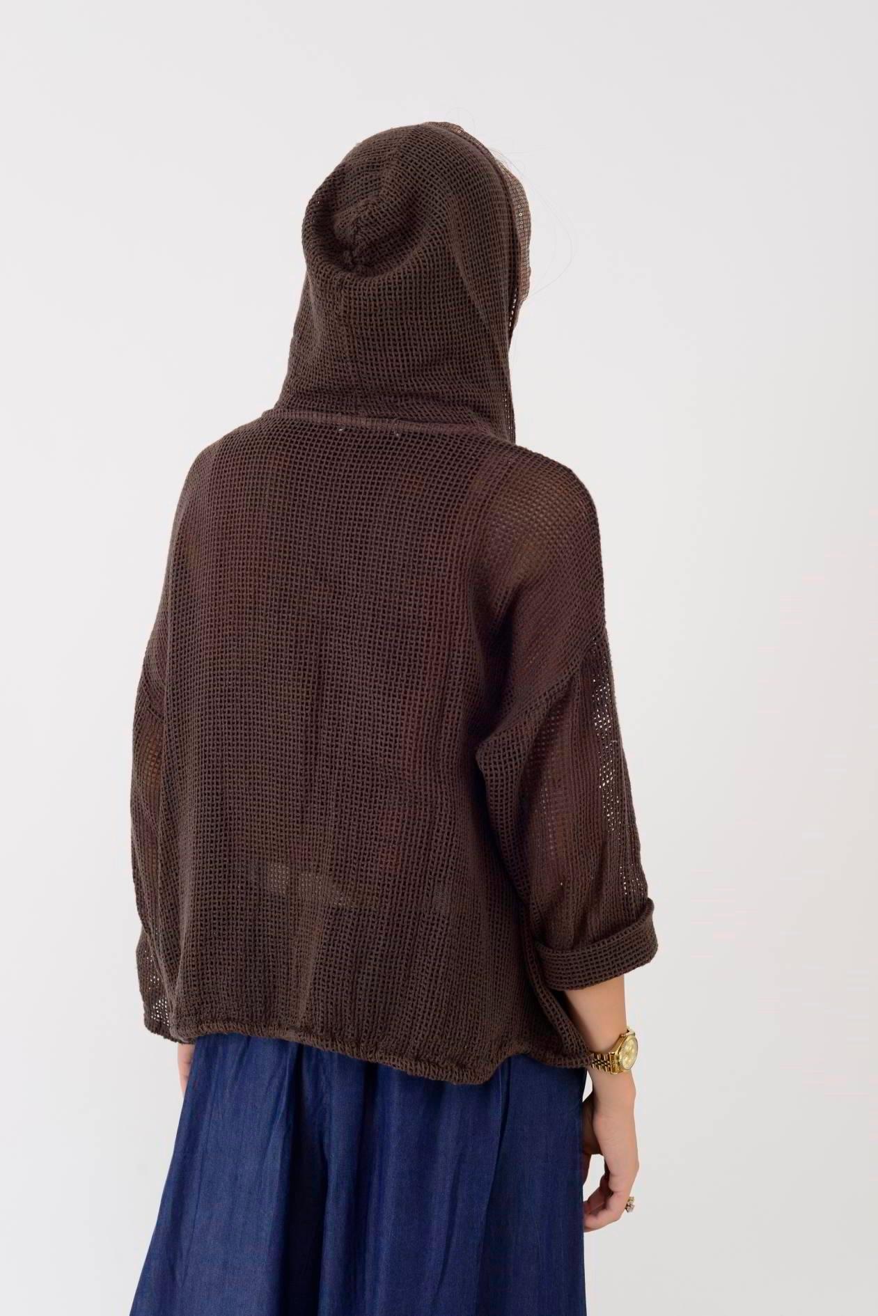 14316 Düz Desen Pullu Kapüşonlu Fileli Keten Ceket