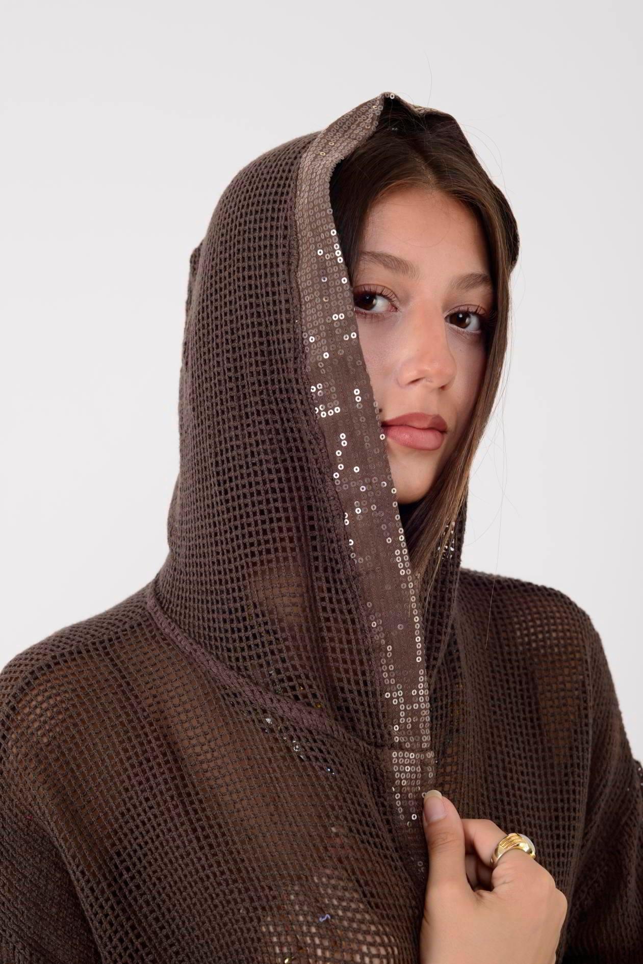 14316 Düz Desen Pullu Kapüşonlu Fileli Keten Ceket