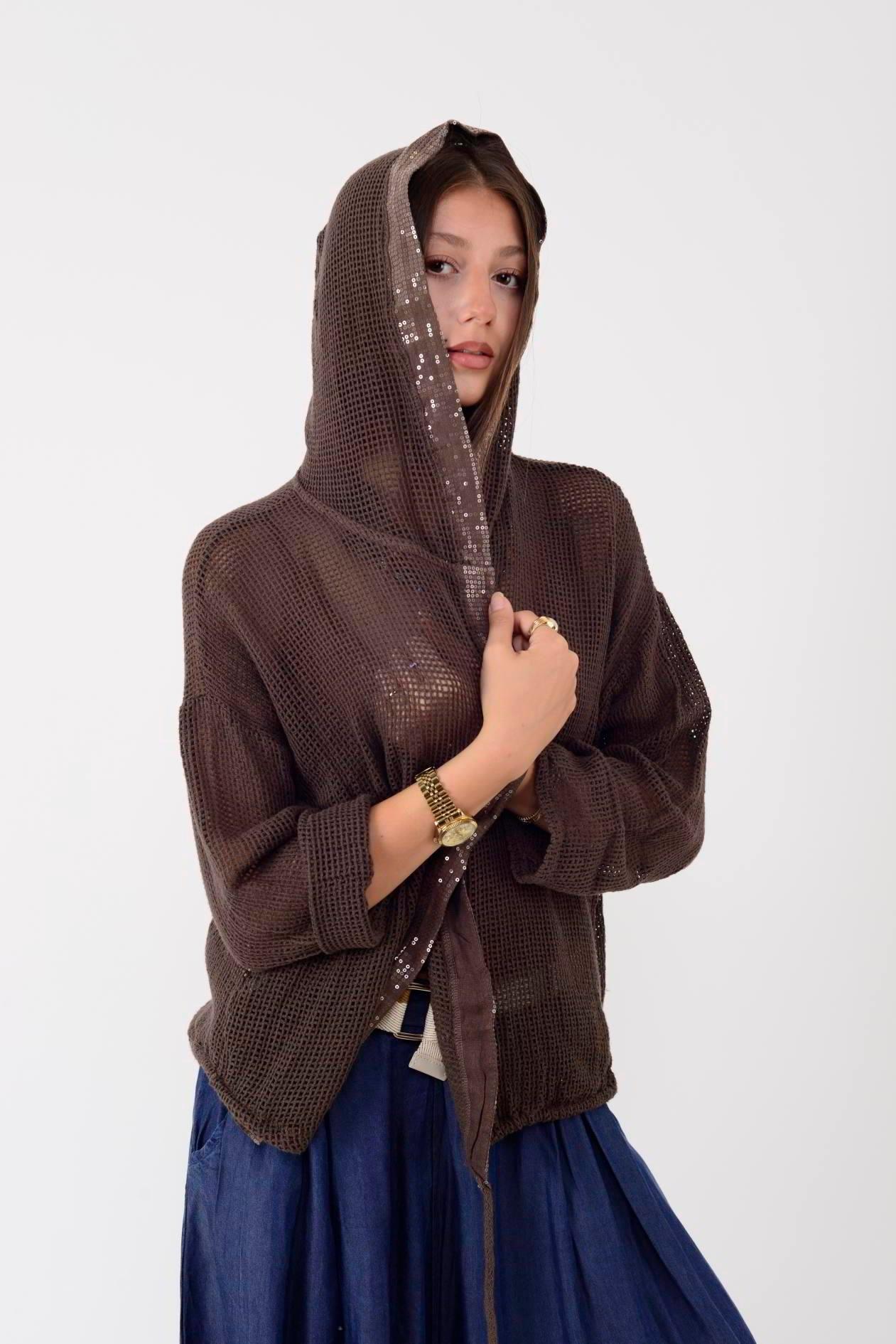 14316 Düz Desen Pullu Kapüşonlu Fileli Keten Ceket