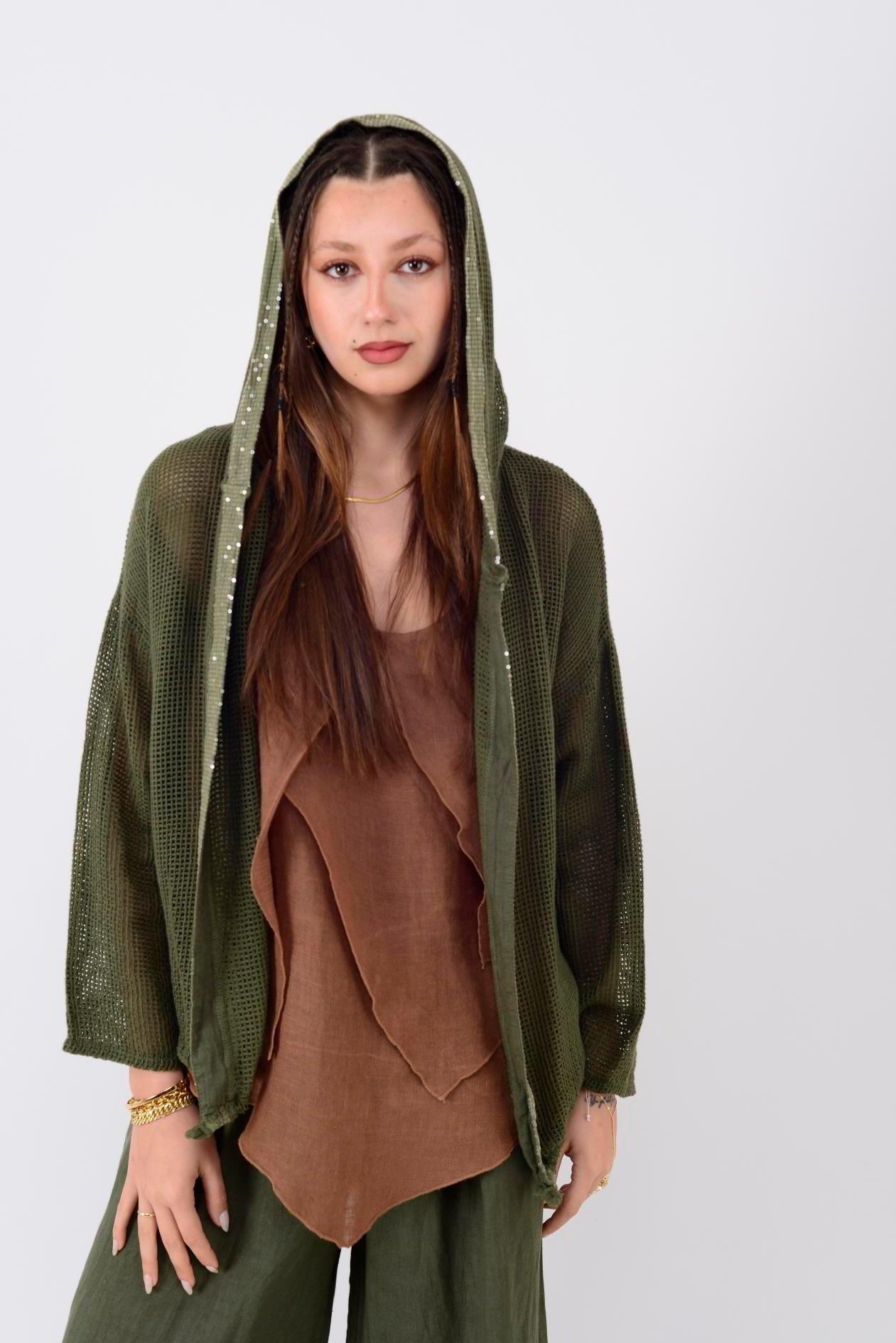 14316 Düz Desen Pullu Kapüşonlu Fileli Keten Ceket