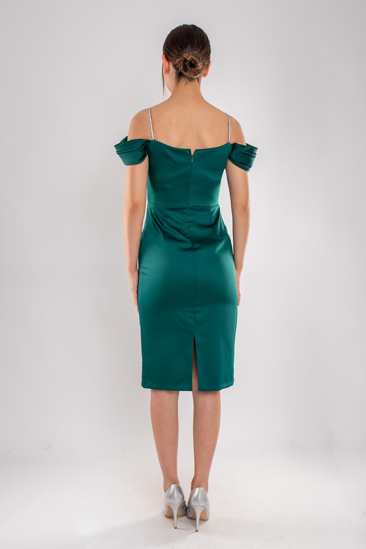 1439 Şalyaka Beli Drapeli İpAskı Kısa Saten Elbise