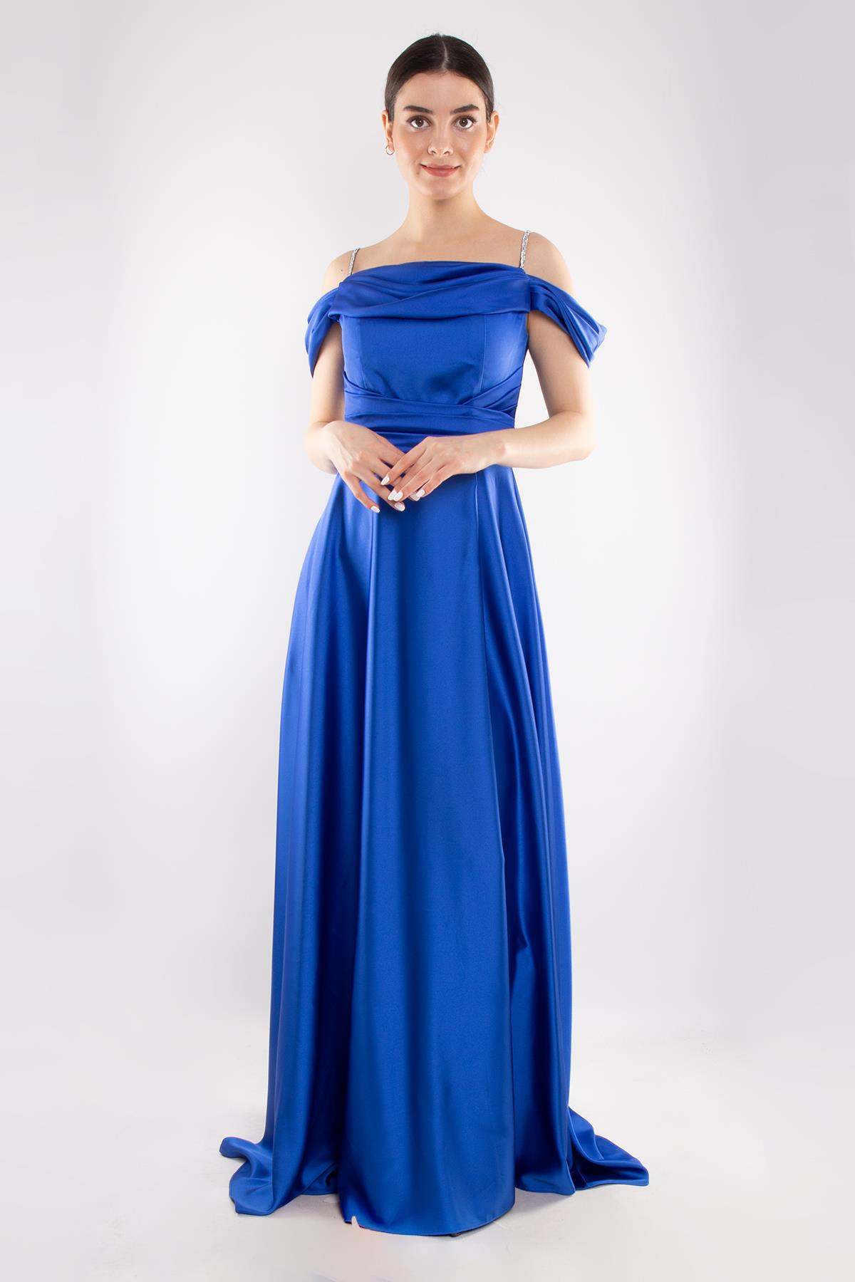 1440 Şalyaka Beli Drape İpAskı Uzun Saten Elbise