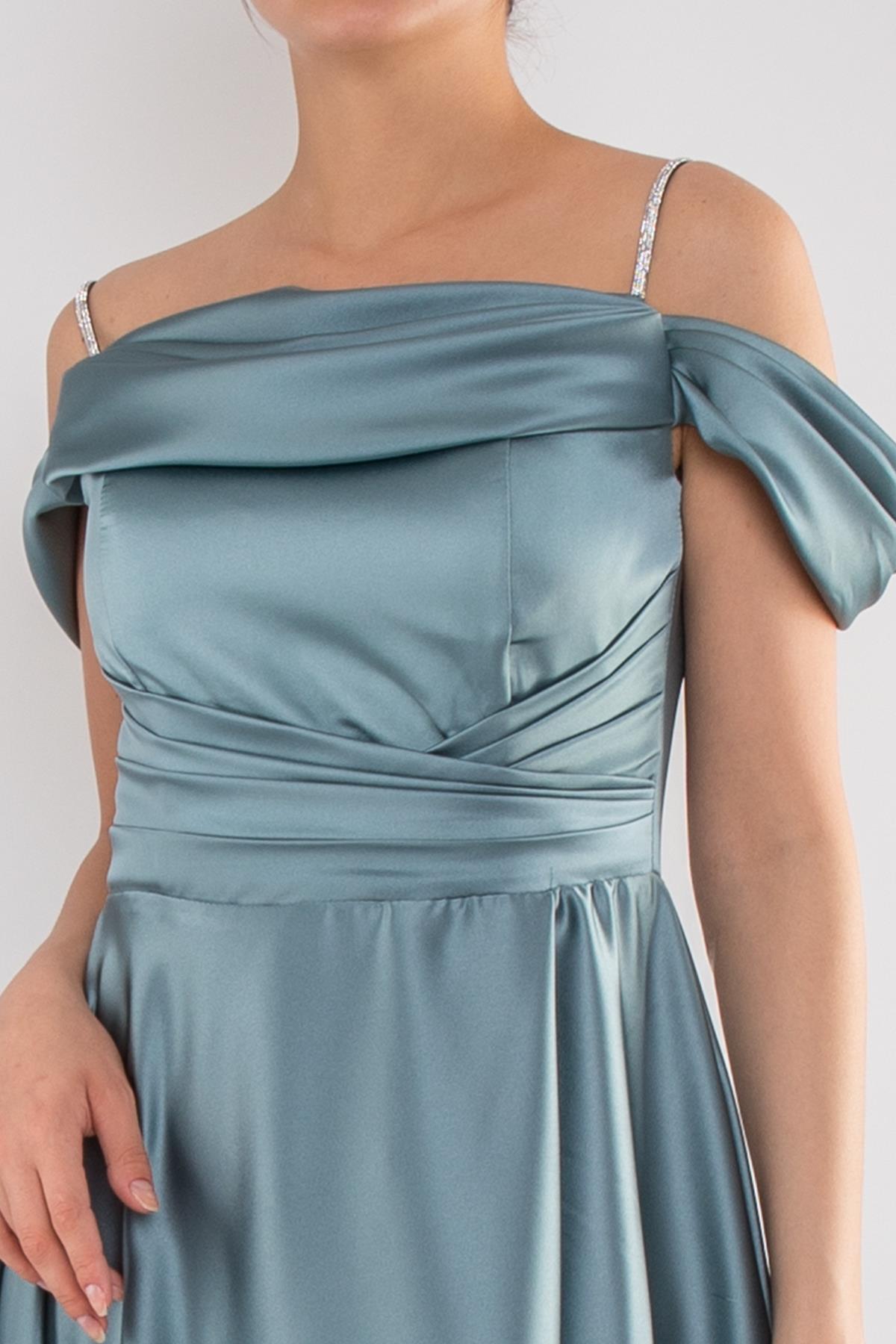 1440 Şalyaka Beli Drape İpAskı Uzun Saten Elbise