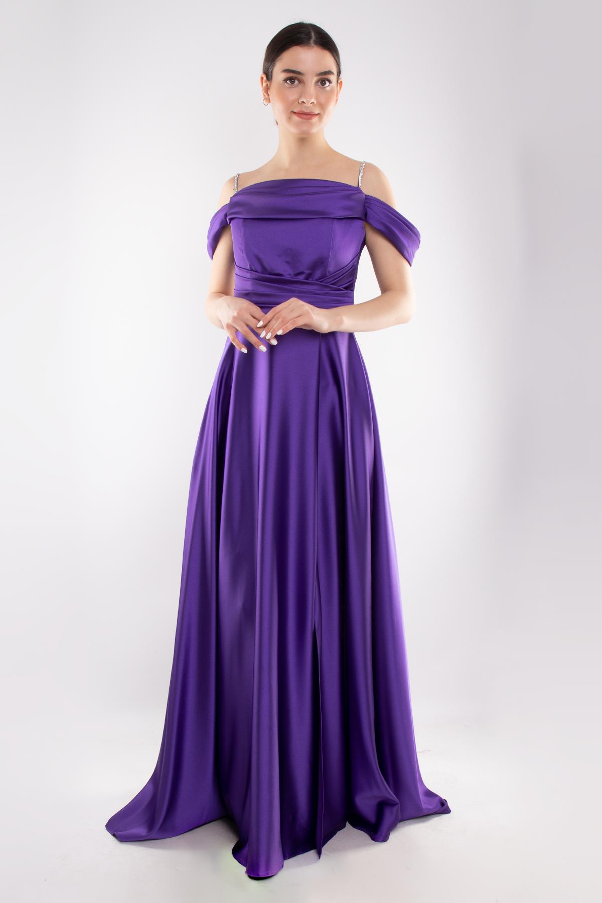 1440 Şalyaka Beli Drape İpAskı Uzun Saten Elbise