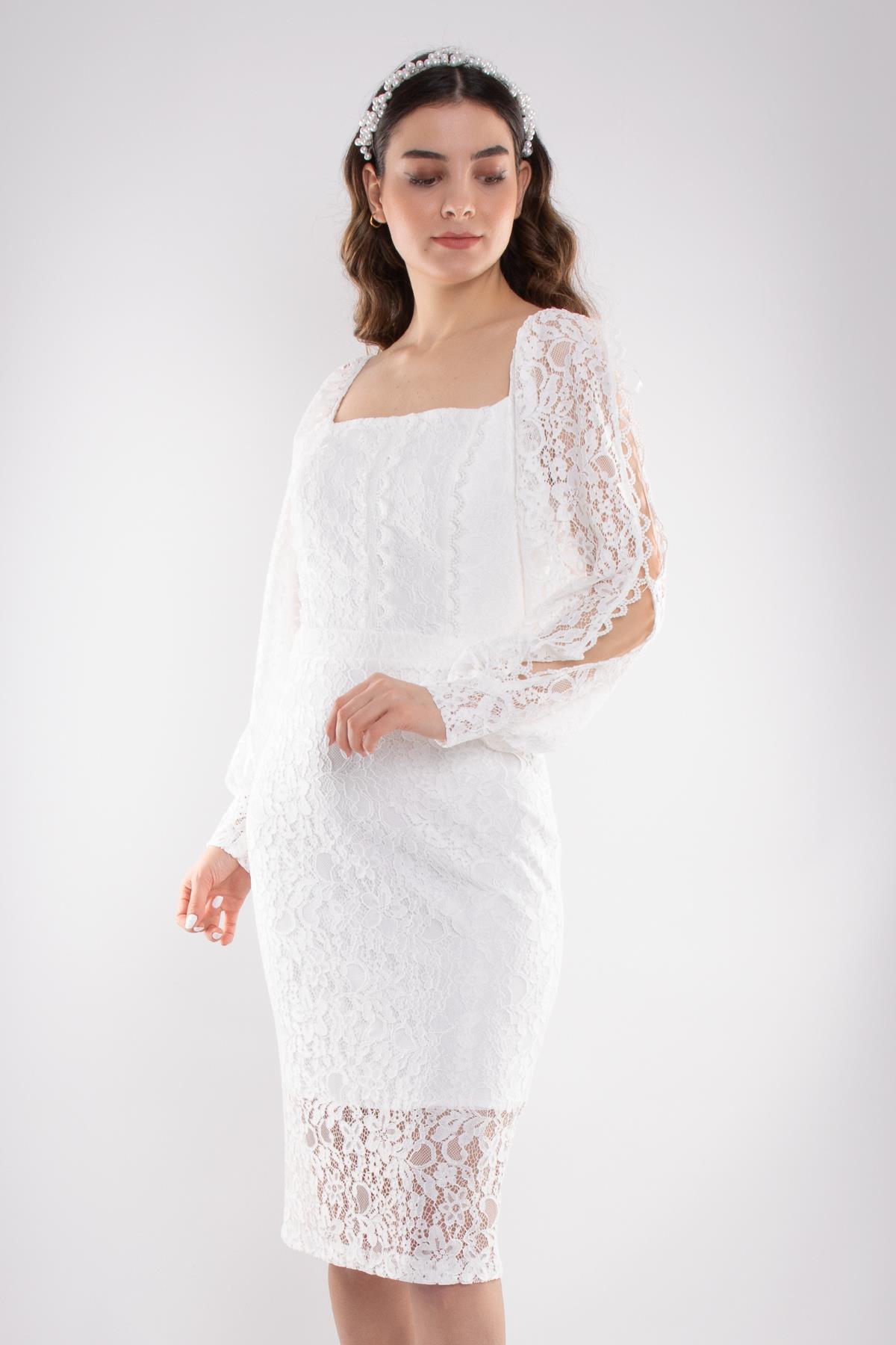 1442 Kare Yaka Kol Yırtmaçlı Dantel Kısa Nikahlık Elbise