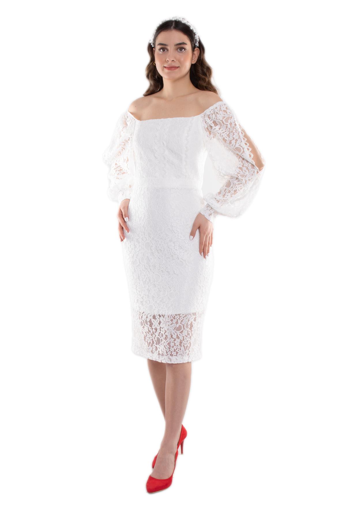 1442 Kare Yaka Kol Yırtmaçlı Dantel Kısa Nikahlık Elbise