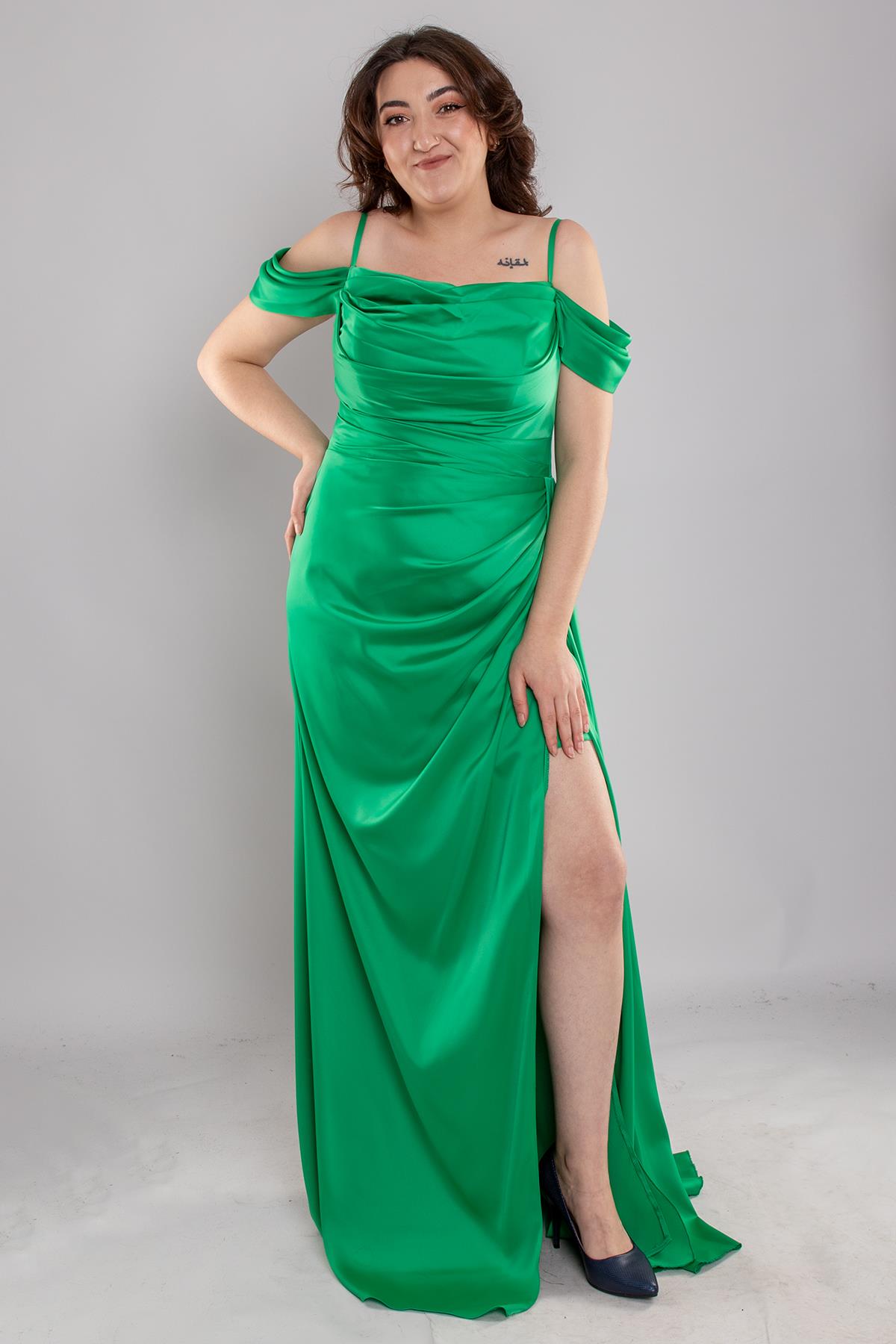 1449 Büyük Beden İp Askı Şal Yaka Kuyruklu Saten Uzun Elbise