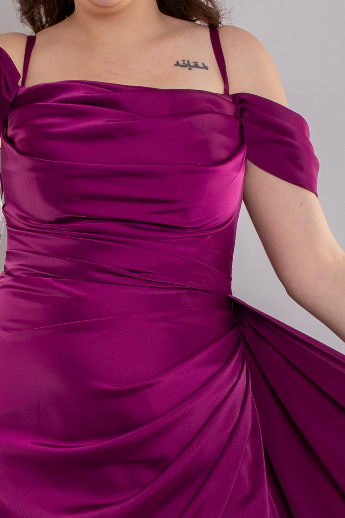 1449 Büyük Beden İp Askı Şal Yaka Kuyruklu Saten Uzun Elbise