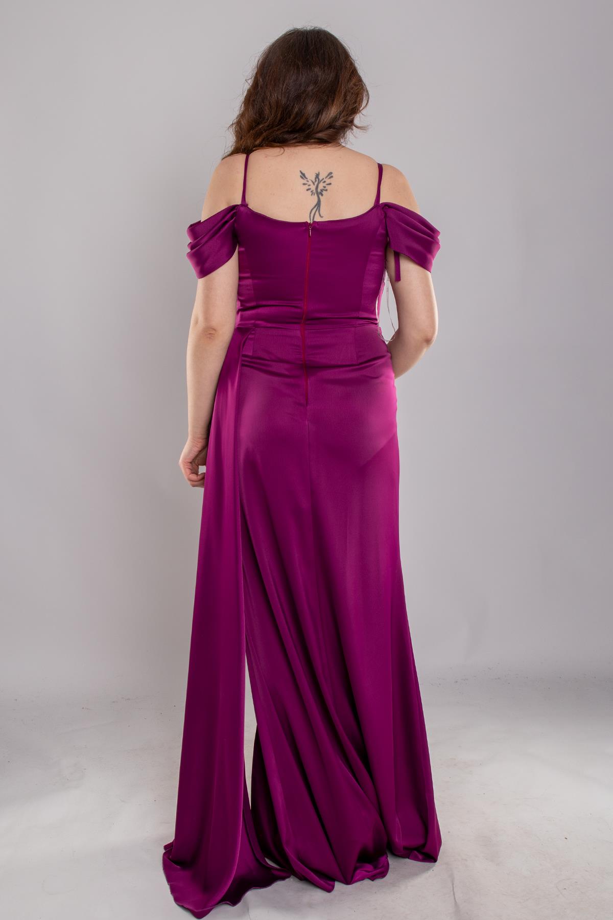 1449 Büyük Beden İp Askı Şal Yaka Kuyruklu Saten Uzun Elbise