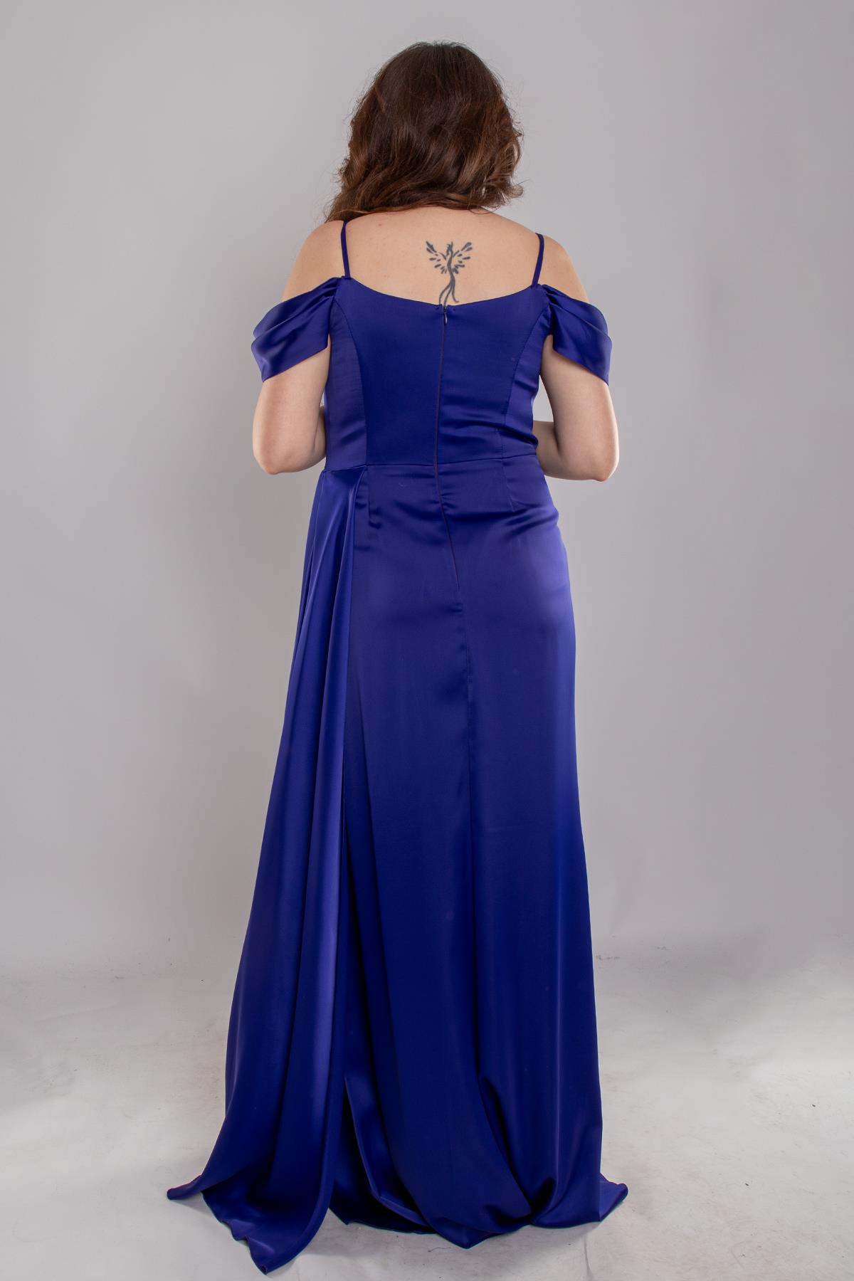 1449 Büyük Beden İp Askı Şal Yaka Kuyruklu Saten Uzun Elbise