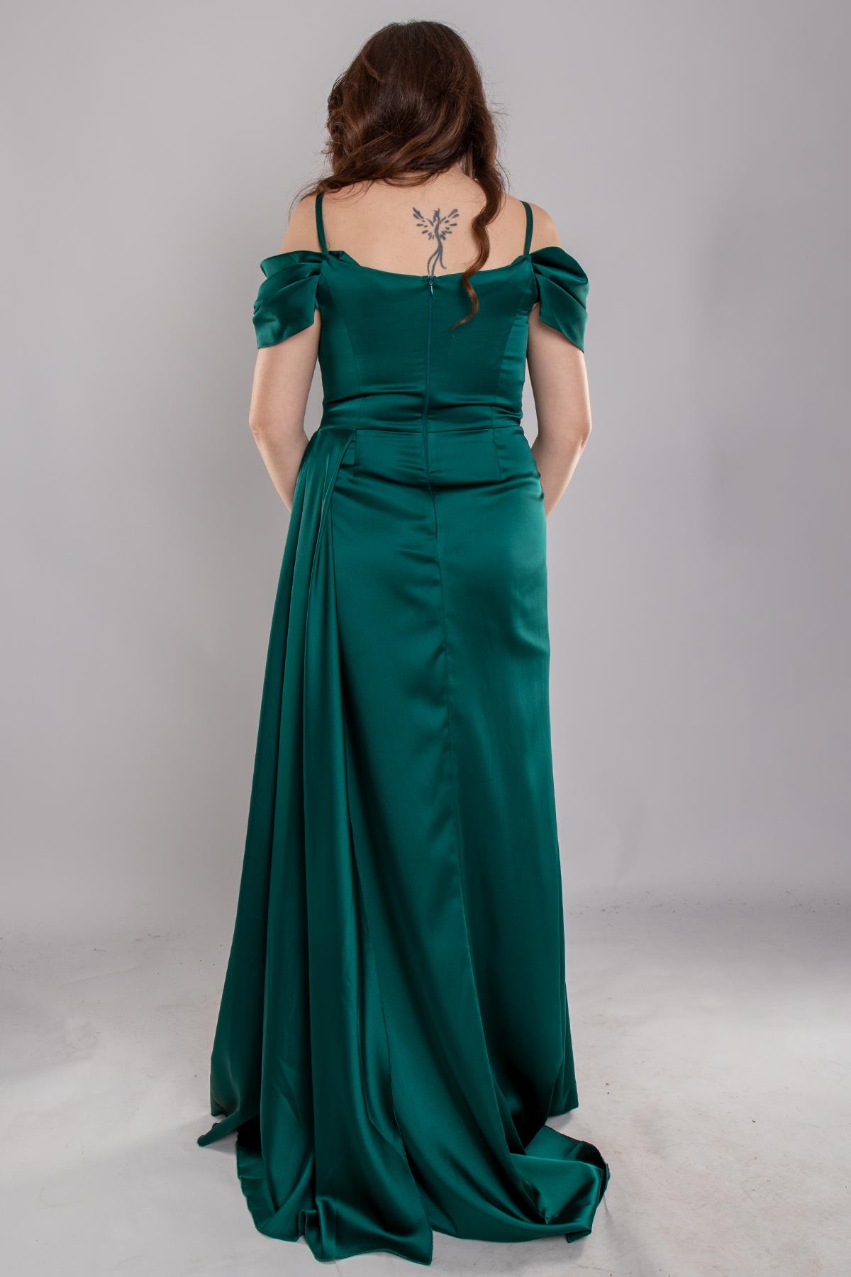 1449 Büyük Beden İp Askı Şal Yaka Kuyruklu Saten Uzun Elbise