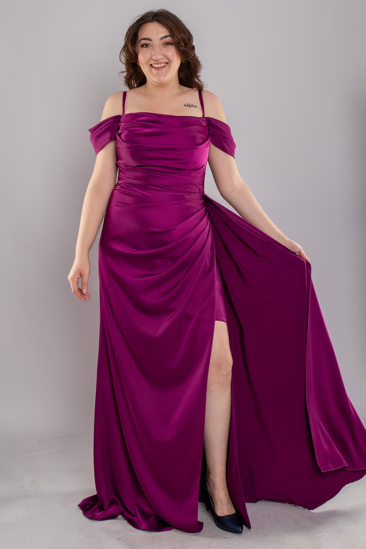 1449 Büyük Beden İp Askı Şal Yaka Kuyruklu Saten Uzun Elbise