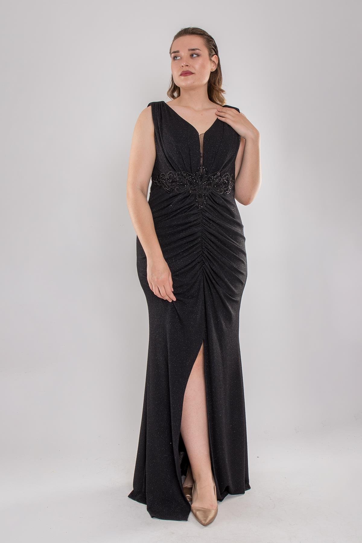 145 Büyük Beden Beli Taşlı Eteği Drape Sim Kalın Askı Uzun Elbise