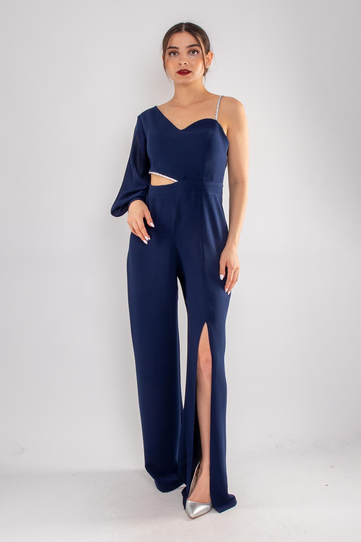 1453 Tek Kollu Beli Pencereli Taşlı Krep Abiye Tulum