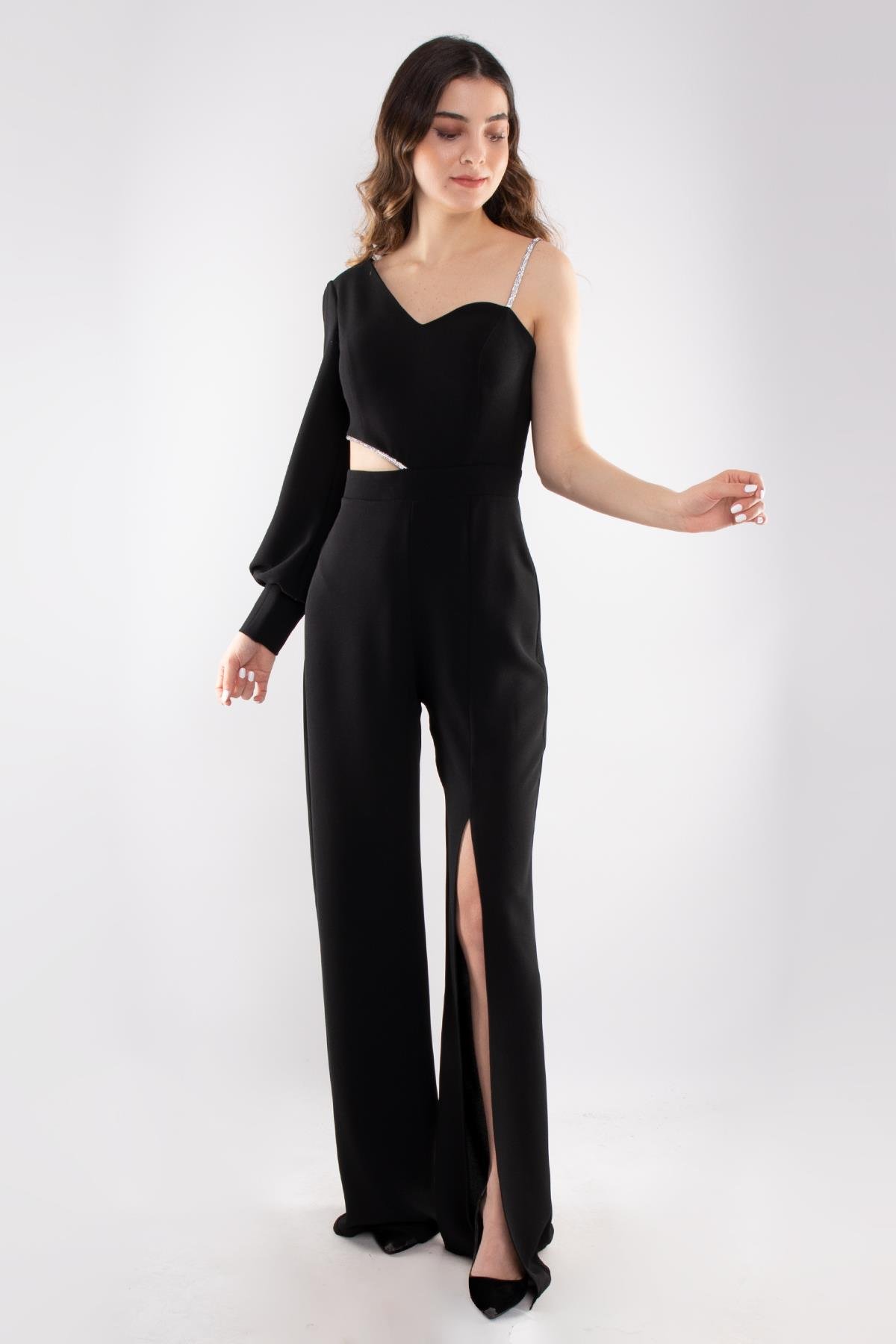 1453 Tek Kollu Beli Pencereli Taşlı Krep Abiye Tulum