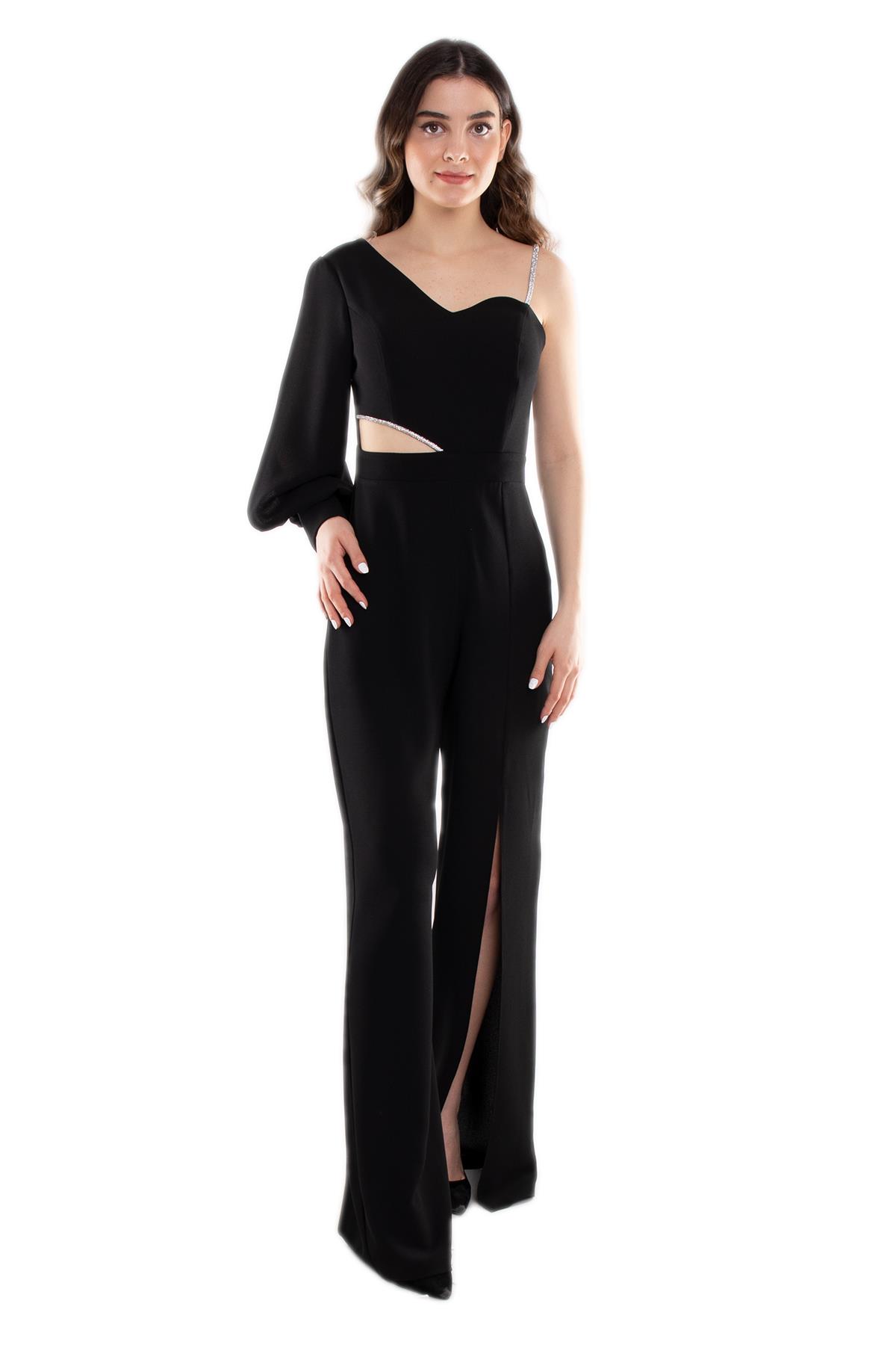 1453 Tek Kollu Beli Pencereli Taşlı Krep Abiye Tulum