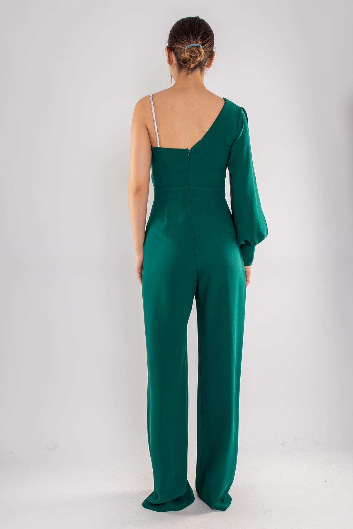 1453 Tek Kollu Beli Pencereli Taşlı Krep Abiye Tulum