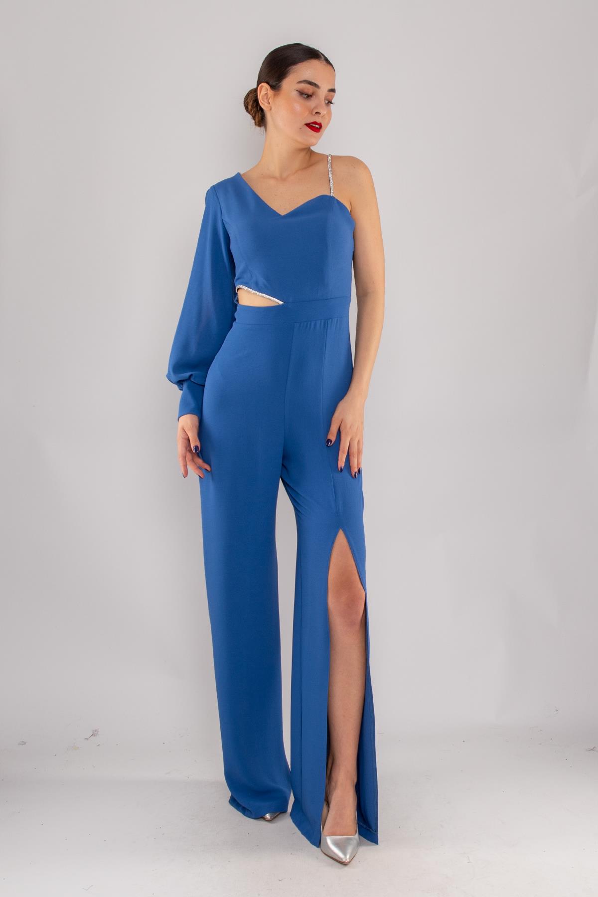 1453 Tek Kollu Beli Pencereli Taşlı Krep Abiye Tulum