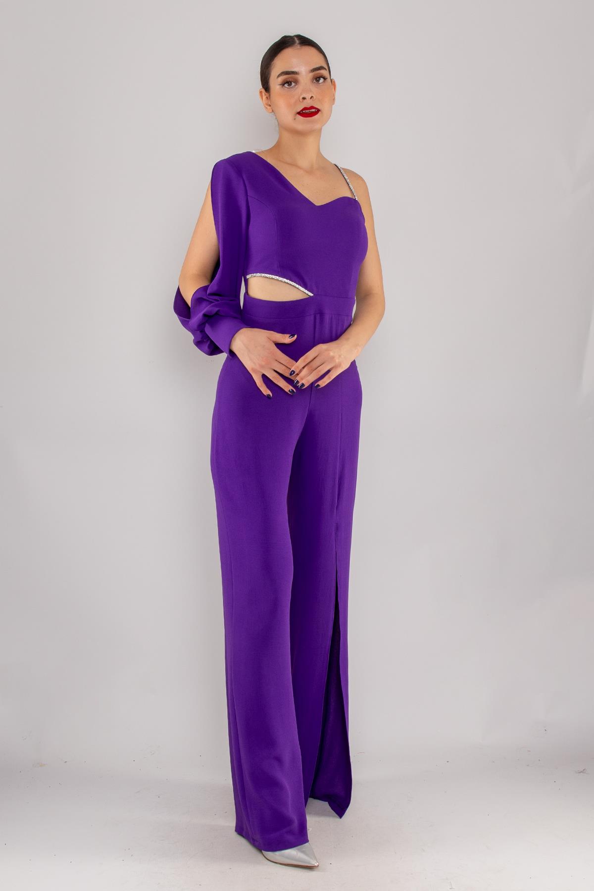 1453 Tek Kollu Beli Pencereli Taşlı Krep Abiye Tulum