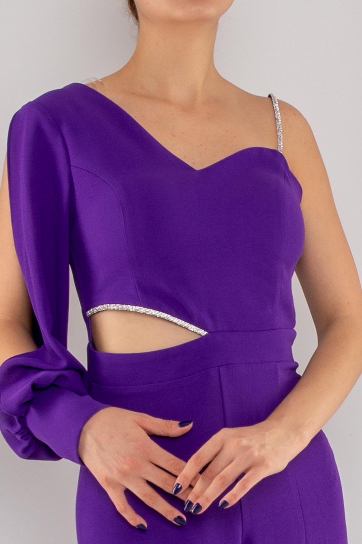 1453 Tek Kollu Beli Pencereli Taşlı Krep Abiye Tulum