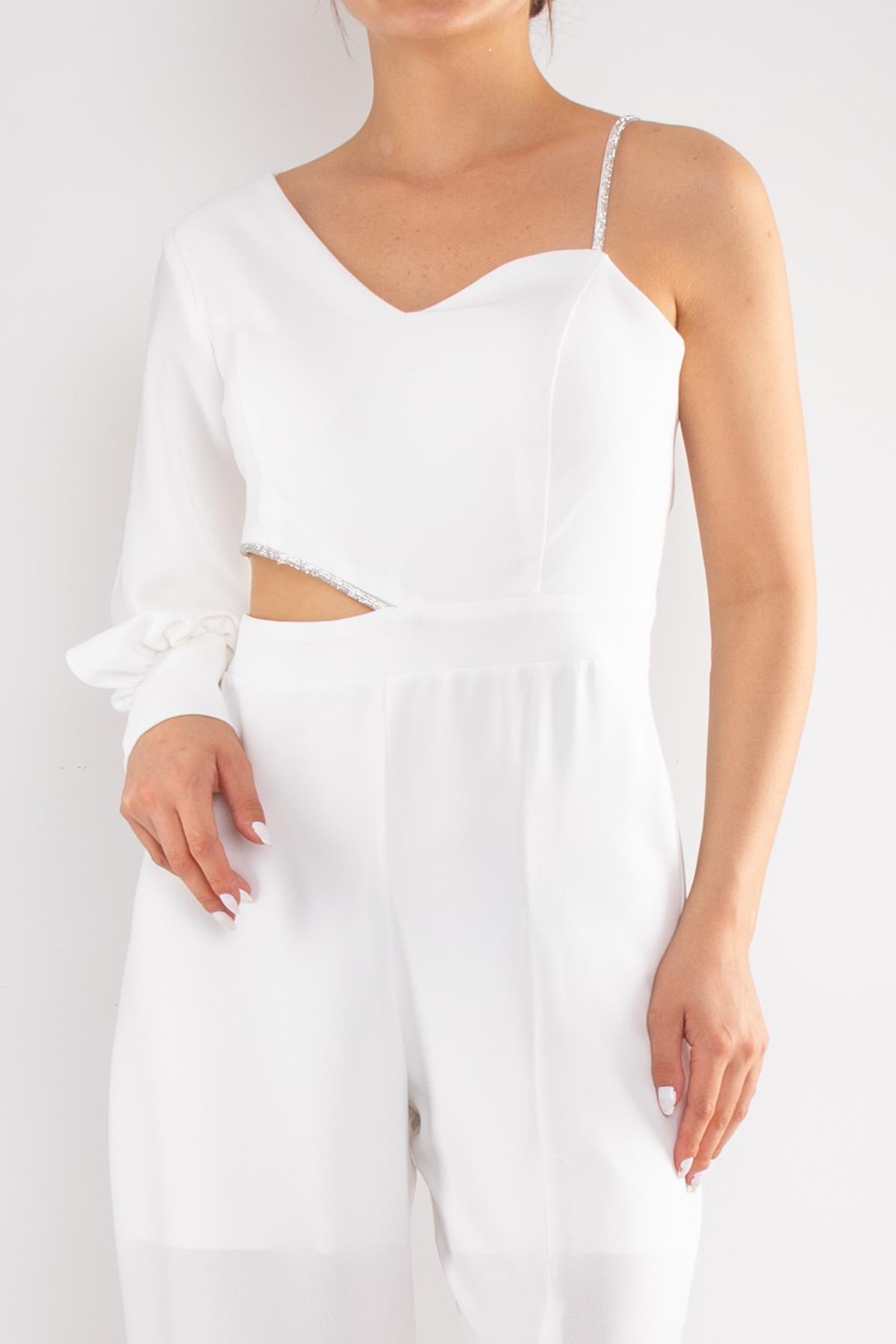 1453 Tek Kollu Beli Pencereli Taşlı Krep Abiye Tulum