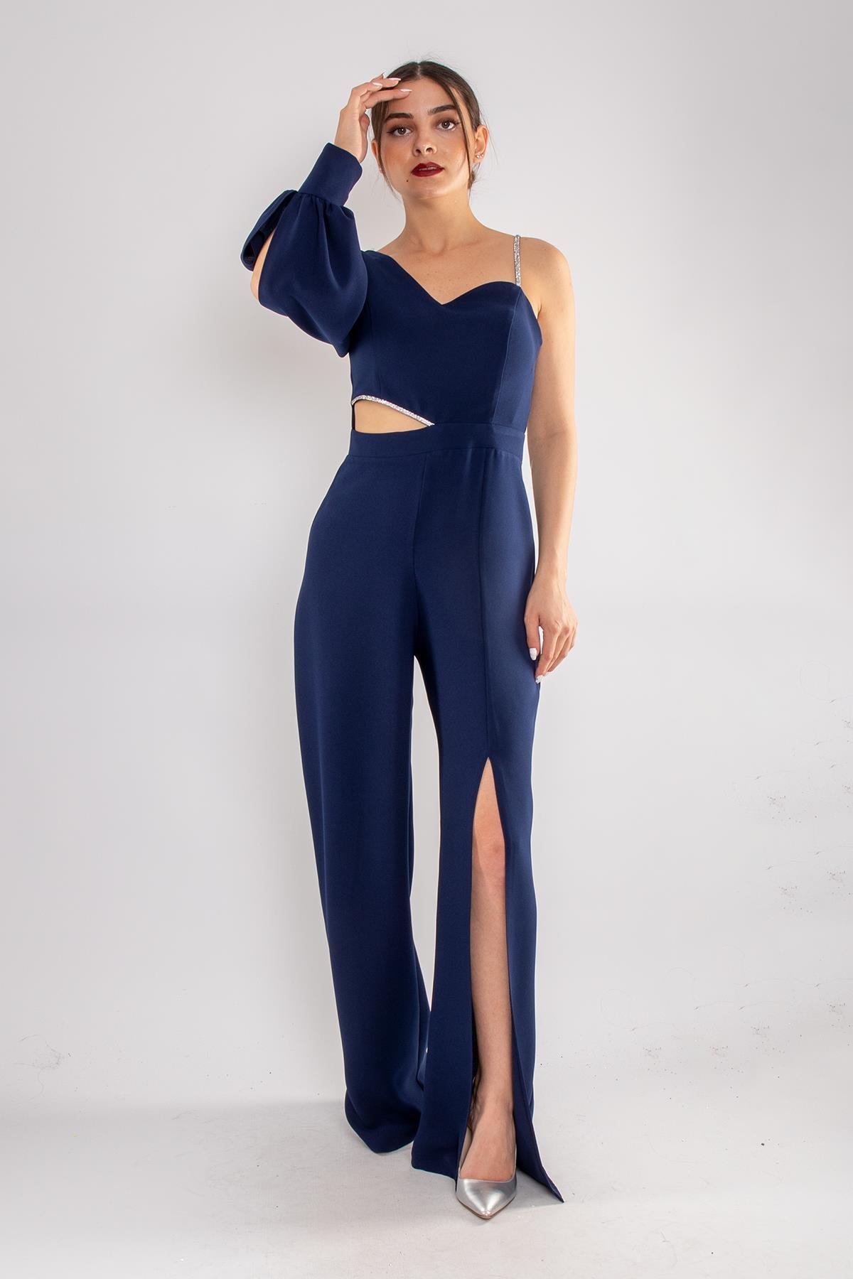 1453 Tek Kollu Beli Pencereli Taşlı Krep Abiye Tulum