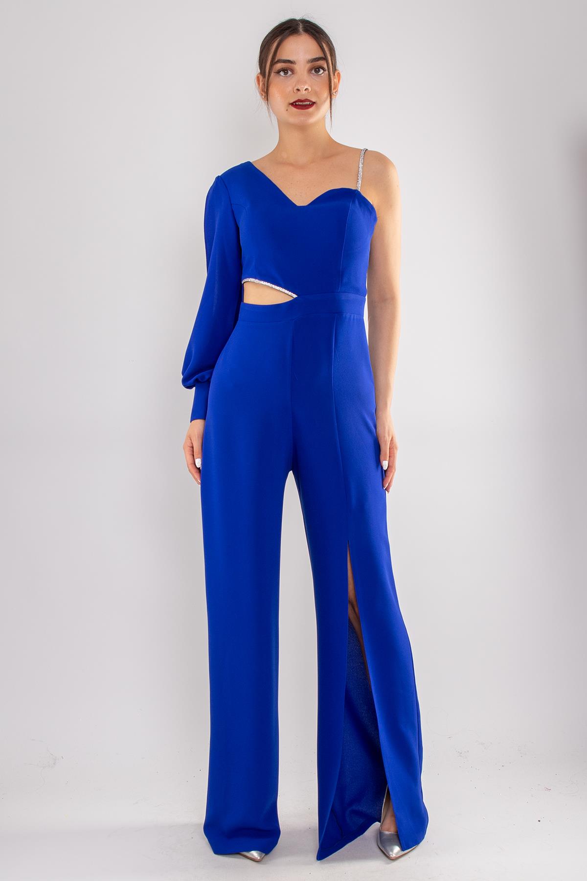 1453 Tek Kollu Beli Pencereli Taşlı Krep Abiye Tulum