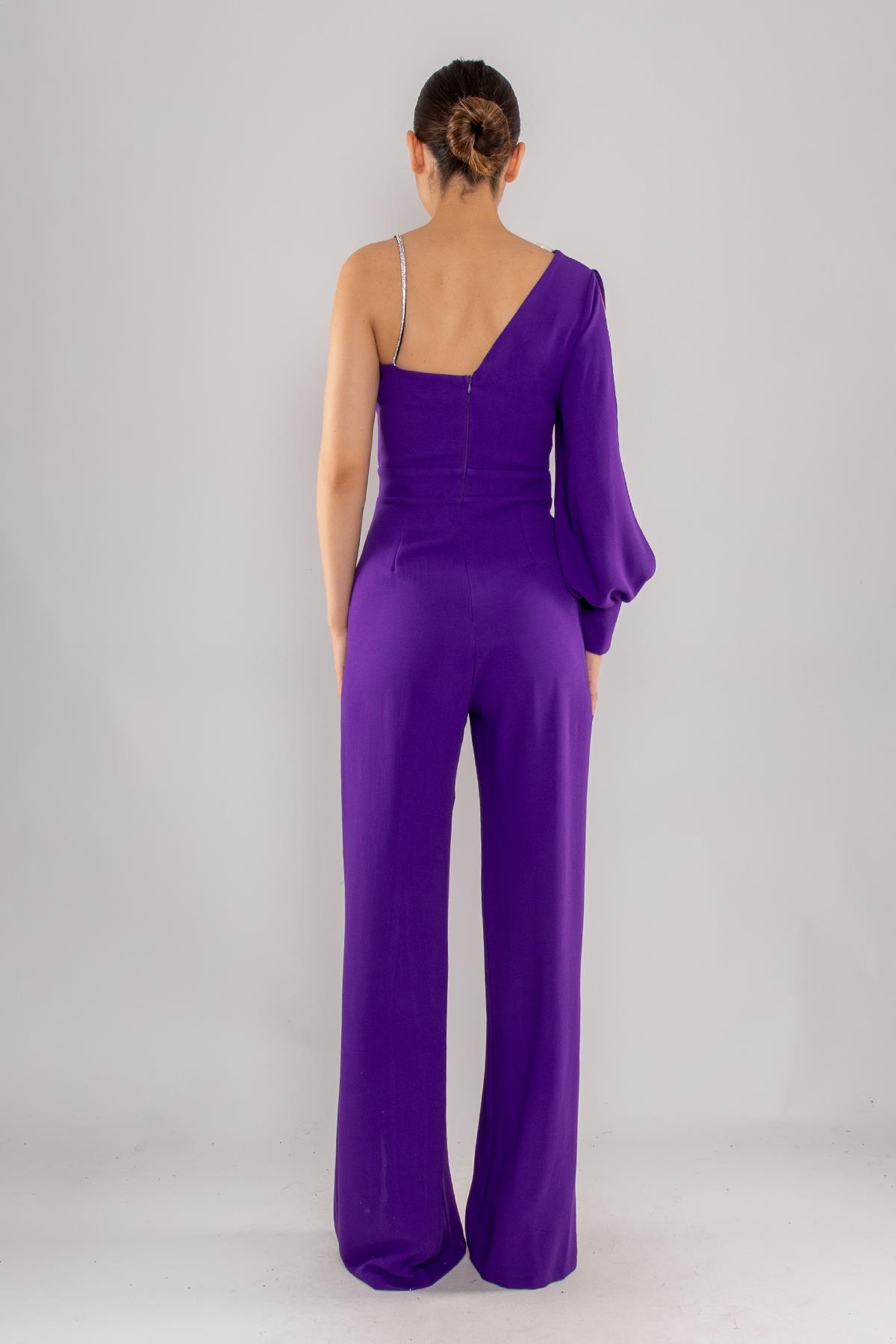 1453 Tek Kollu Beli Pencereli Taşlı Krep Abiye Tulum