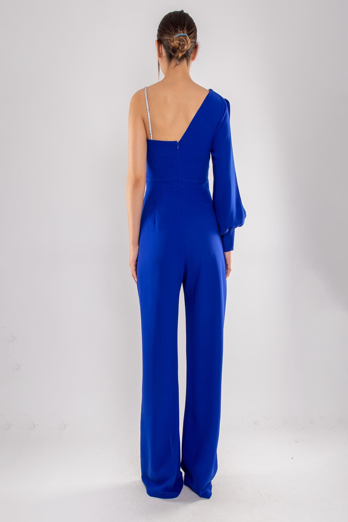 1453 Tek Kollu Beli Pencereli Taşlı Krep Abiye Tulum