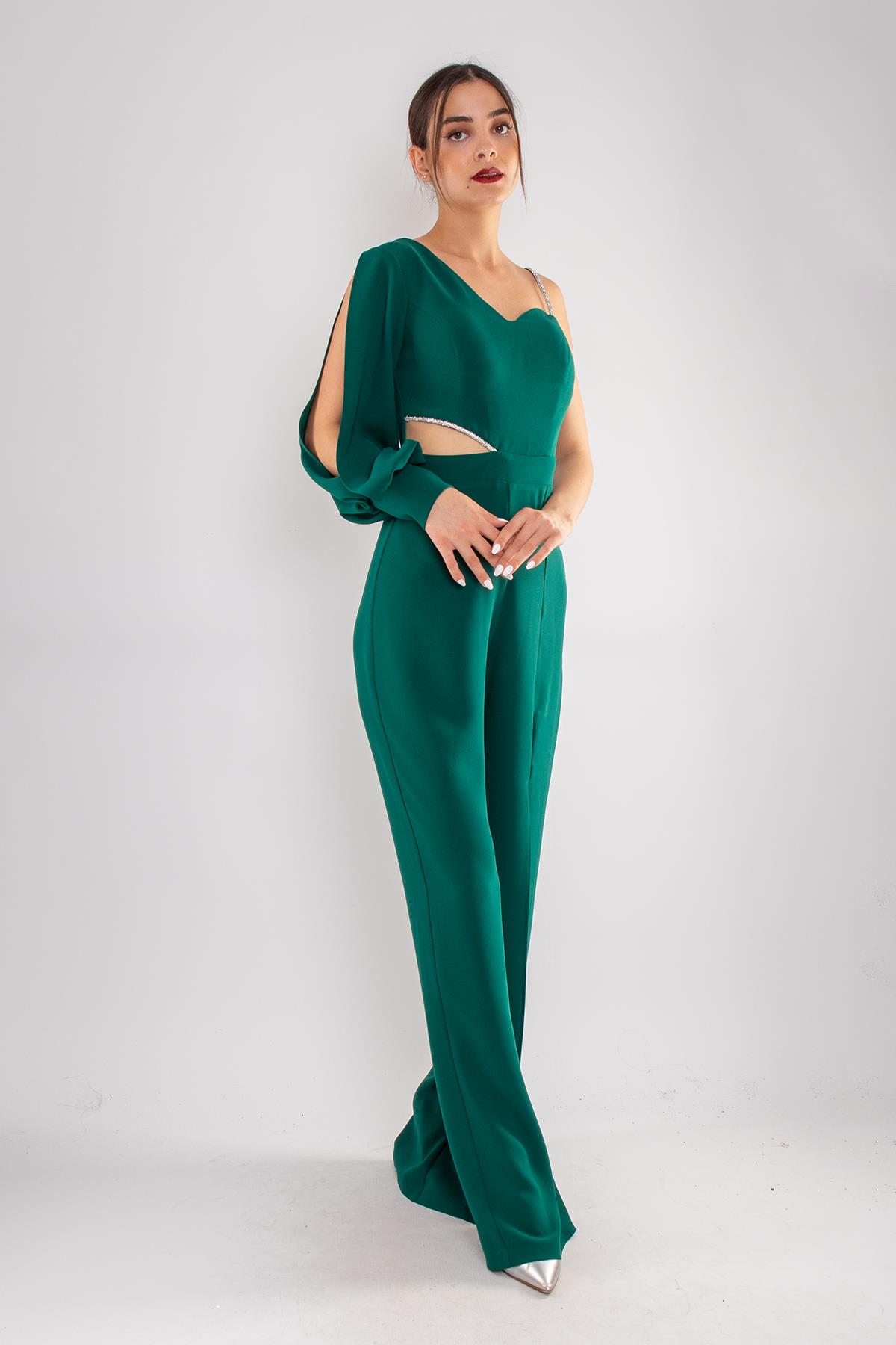 1453 Tek Kollu Beli Pencereli Taşlı Krep Abiye Tulum