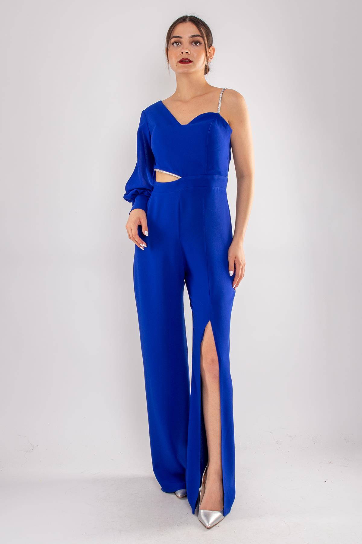 1453 Tek Kollu Beli Pencereli Taşlı Krep Abiye Tulum