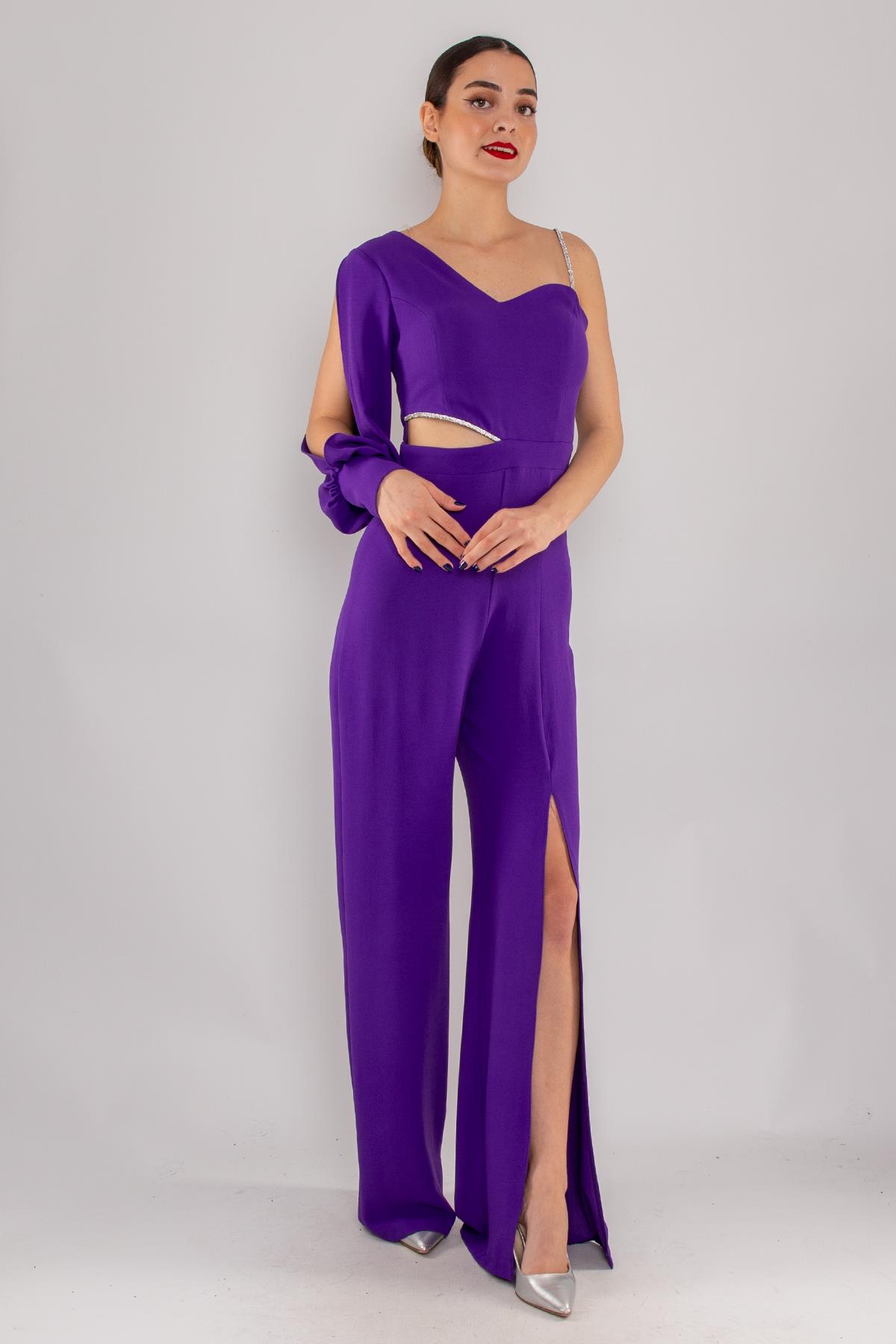 1453 Tek Kollu Beli Pencereli Taşlı Krep Abiye Tulum