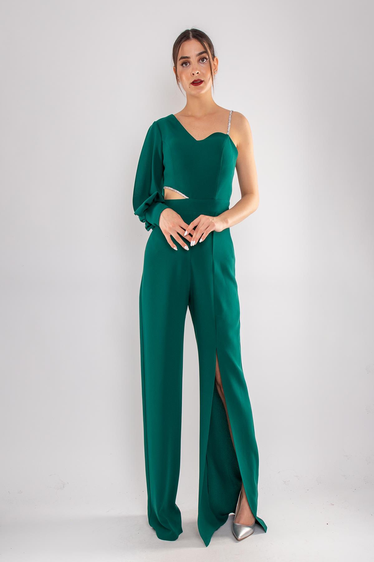 1453 Tek Kollu Beli Pencereli Taşlı Krep Abiye Tulum