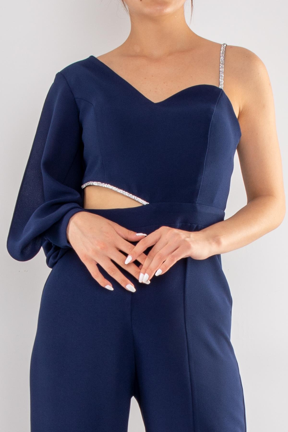 1453 Tek Kollu Beli Pencereli Taşlı Krep Abiye Tulum