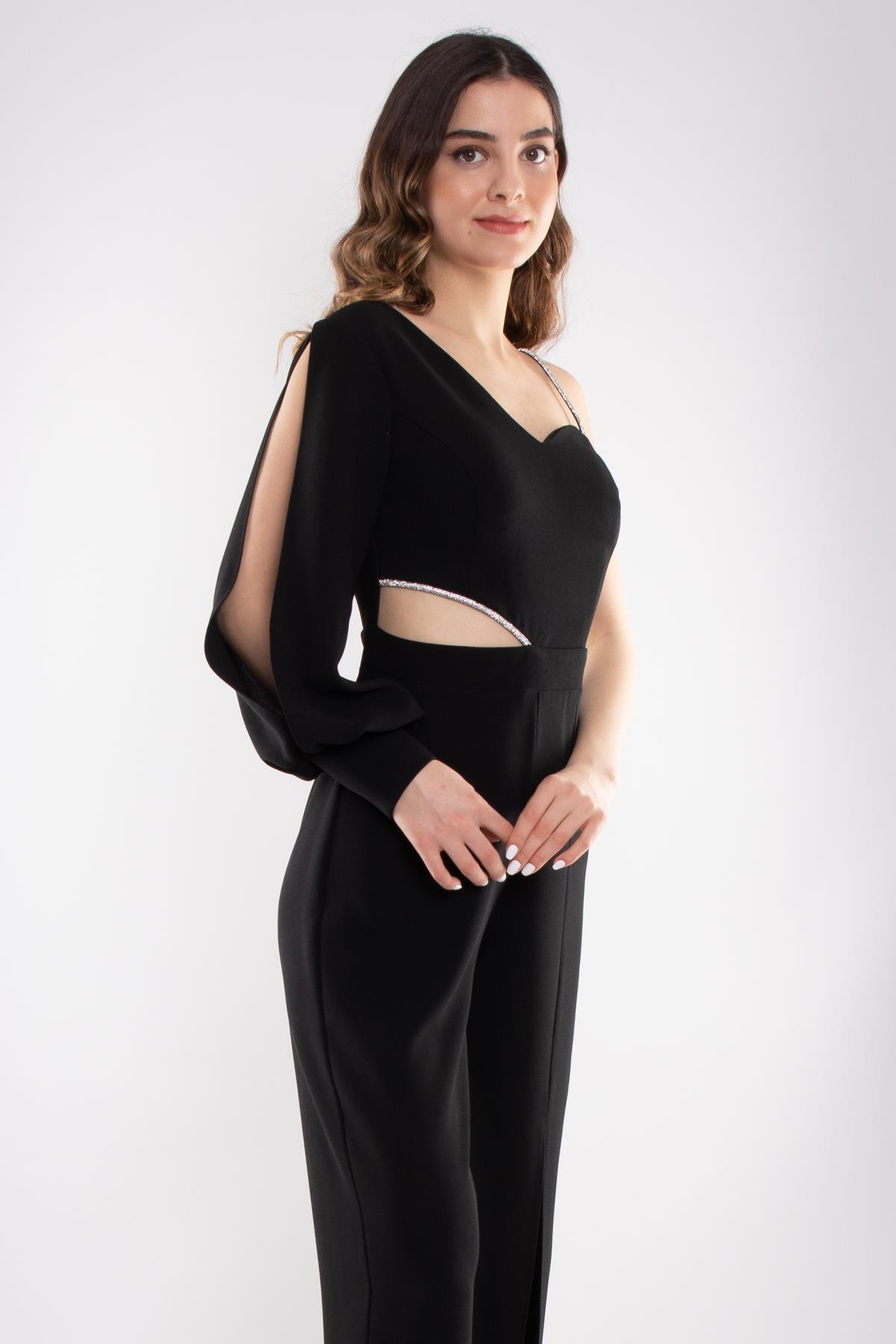 1453 Tek Kollu Beli Pencereli Taşlı Krep Abiye Tulum