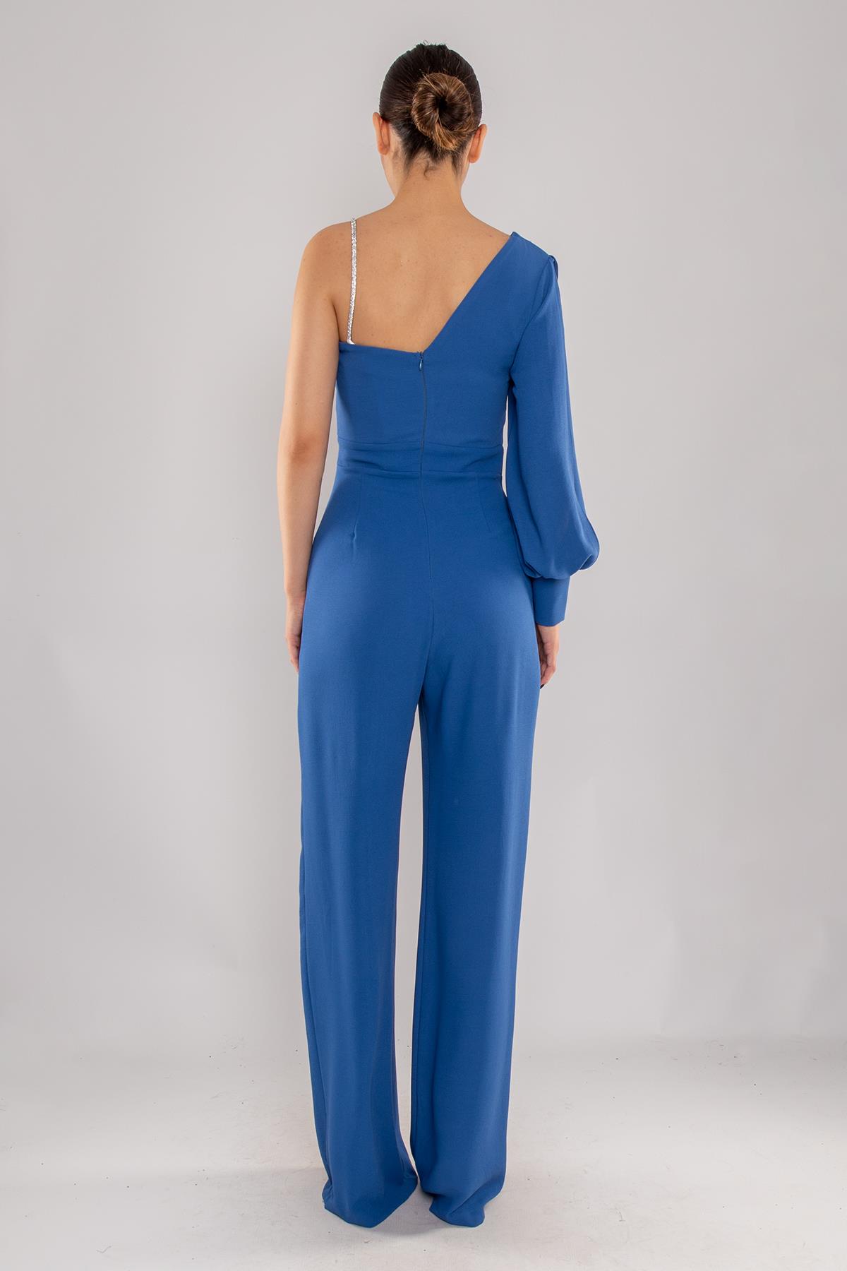 1453 Tek Kollu Beli Pencereli Taşlı Krep Abiye Tulum