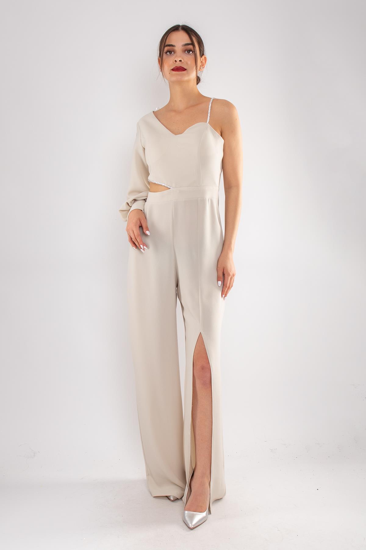 1453 Tek Kollu Beli Pencereli Taşlı Krep Abiye Tulum