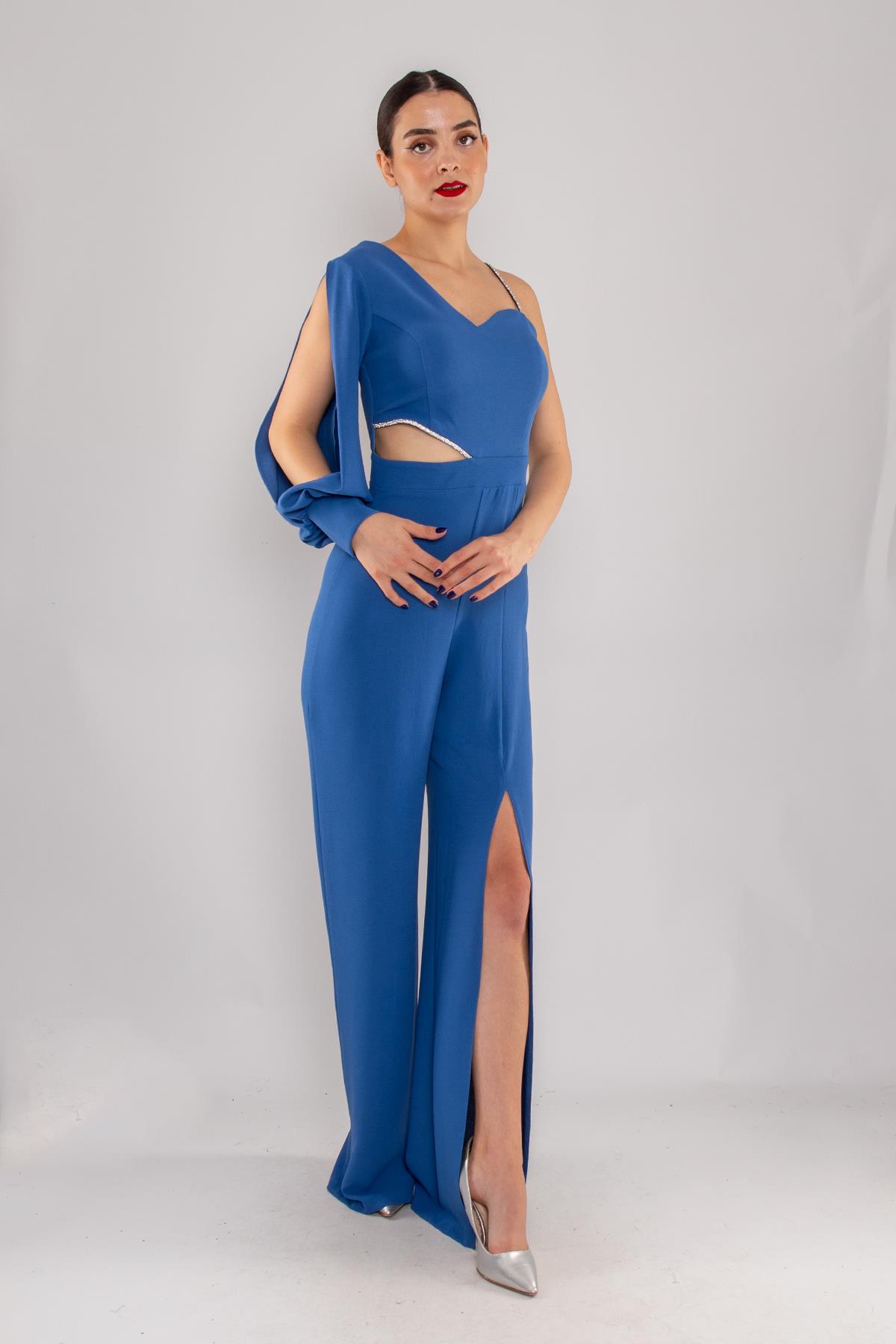 1453 Tek Kollu Beli Pencereli Taşlı Krep Abiye Tulum