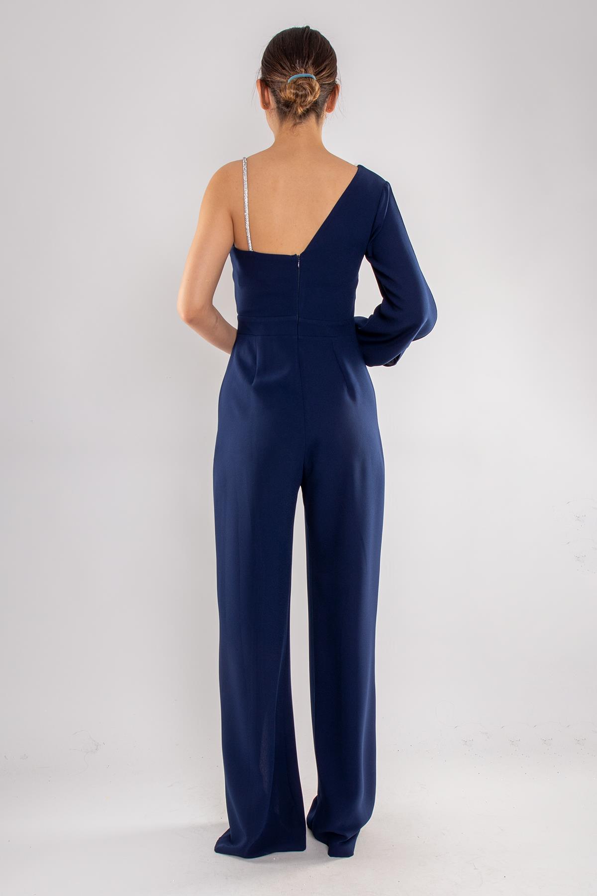 1453 Tek Kollu Beli Pencereli Taşlı Krep Abiye Tulum