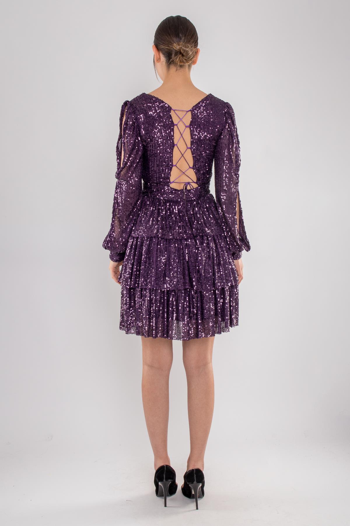 1478 Pulpayet Sırt İpli Eteği Kat Kat Uzun Kol Kısa Elbise