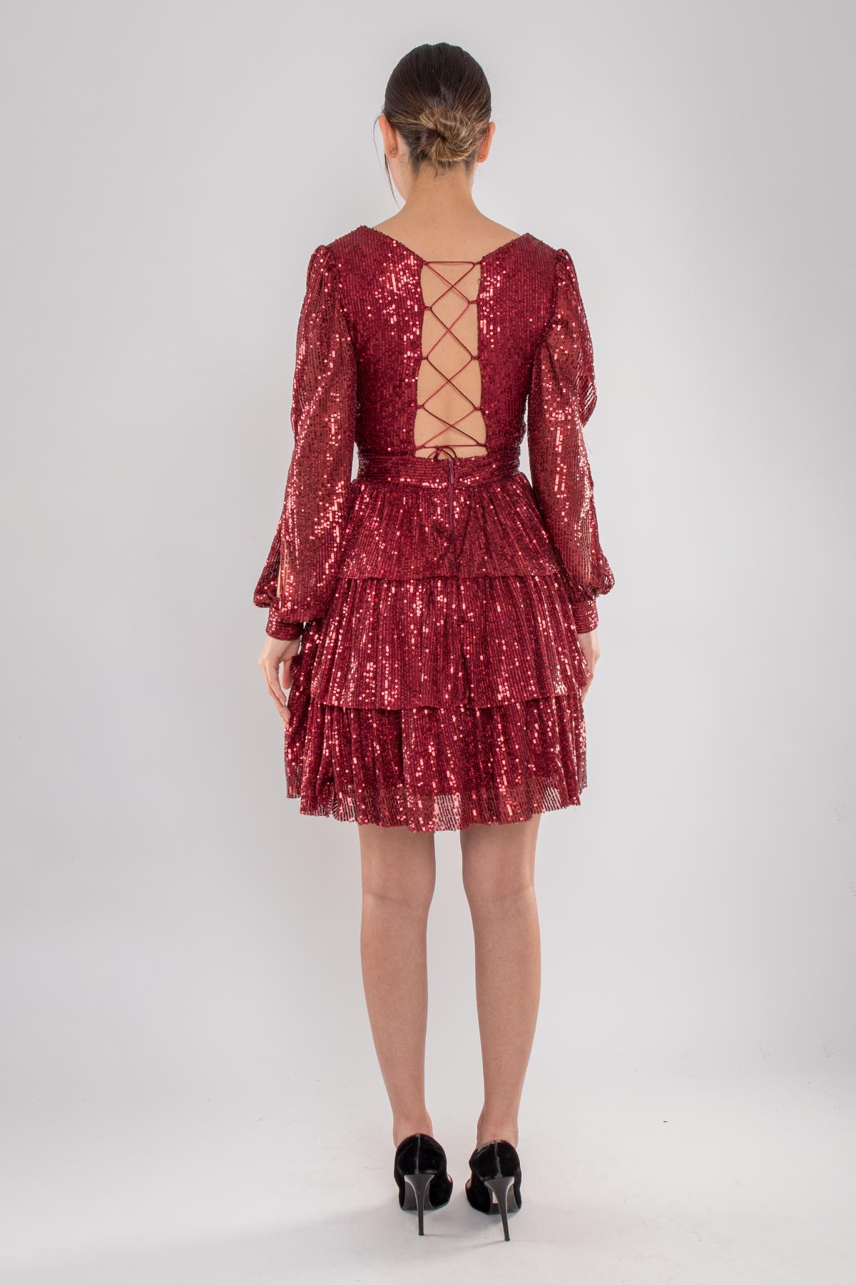 1478 Pulpayet Sırt İpli Eteği Kat Kat Uzun Kol Kısa Elbise