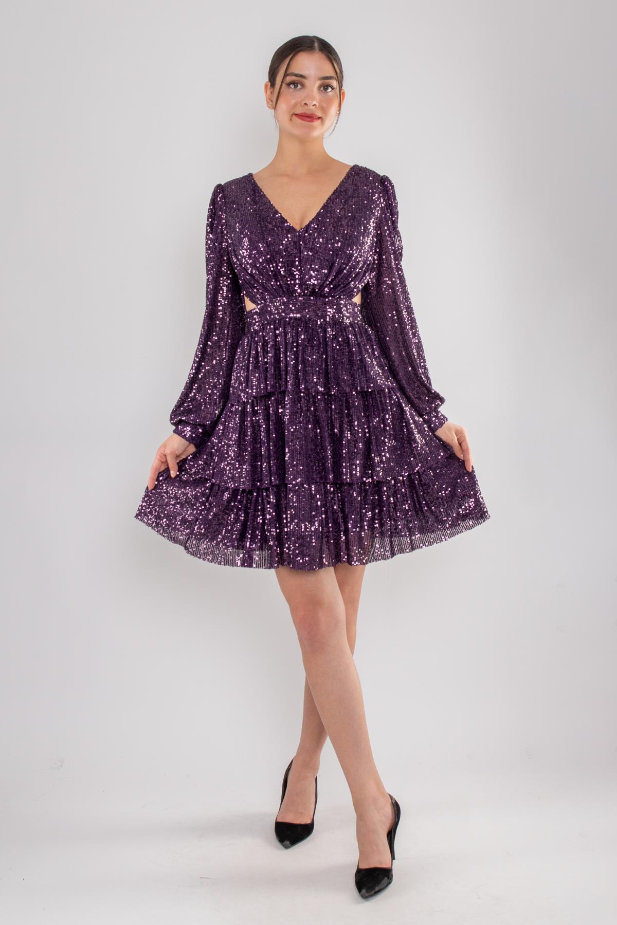 1478 Pulpayet Sırt İpli Eteği Kat Kat Uzun Kol Kısa Elbise