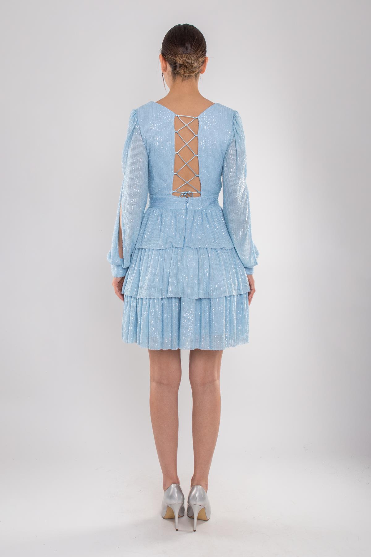 1478 Pulpayet Sırt İpli Eteği Kat Kat Uzun Kol Kısa Elbise