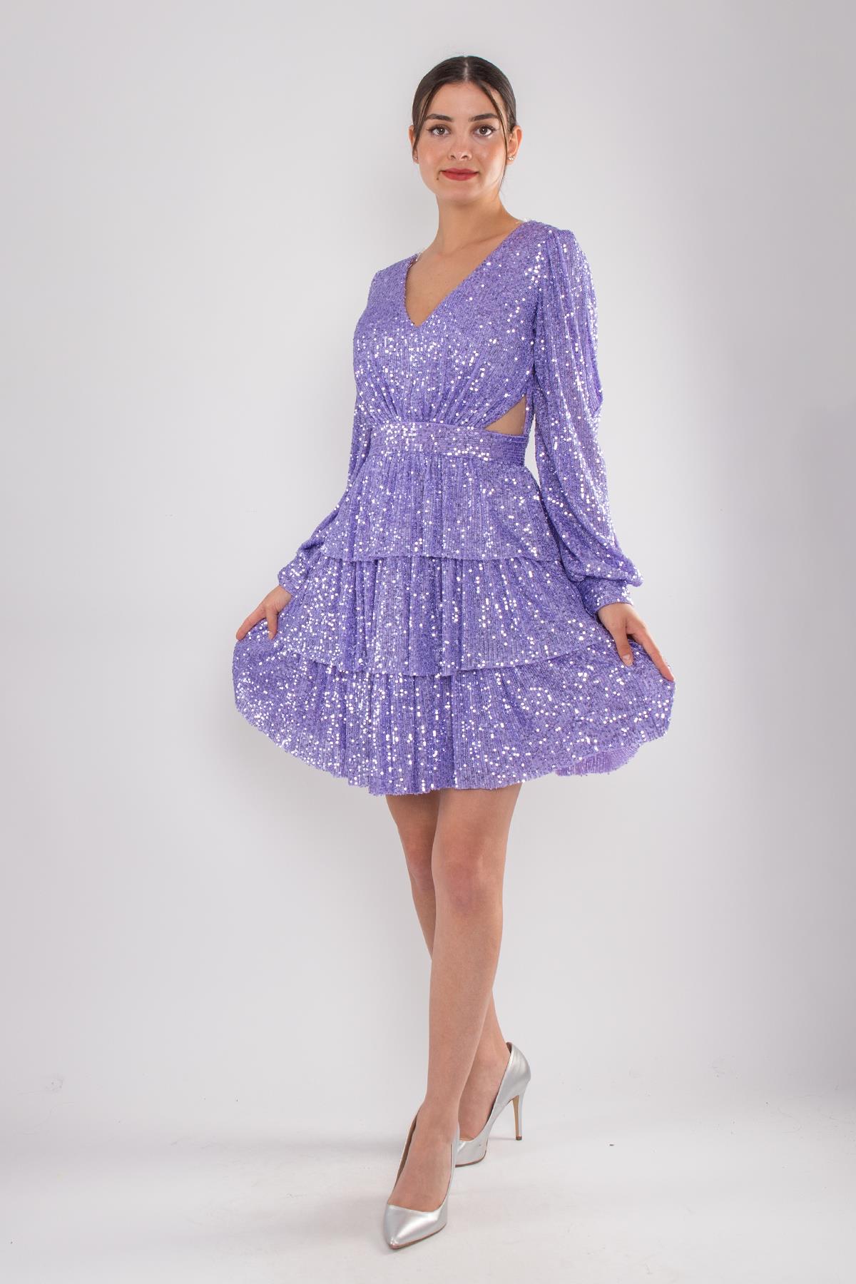 1478 Pulpayet Sırt İpli Eteği Kat Kat Uzun Kol Kısa Elbise